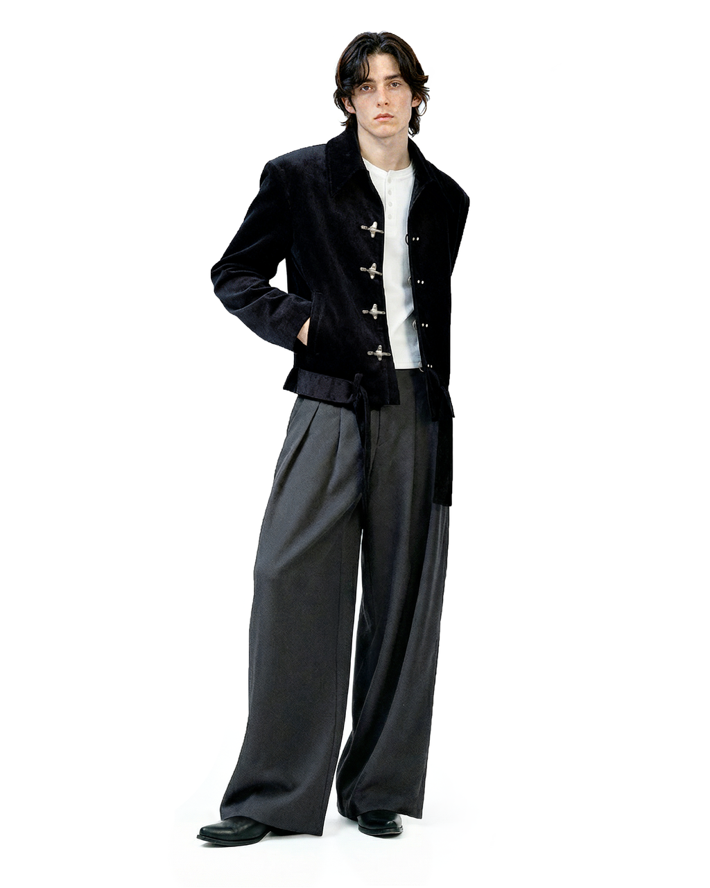 Fireman Clasp Mid-Crop Corduroy Jacket with Belted Waist