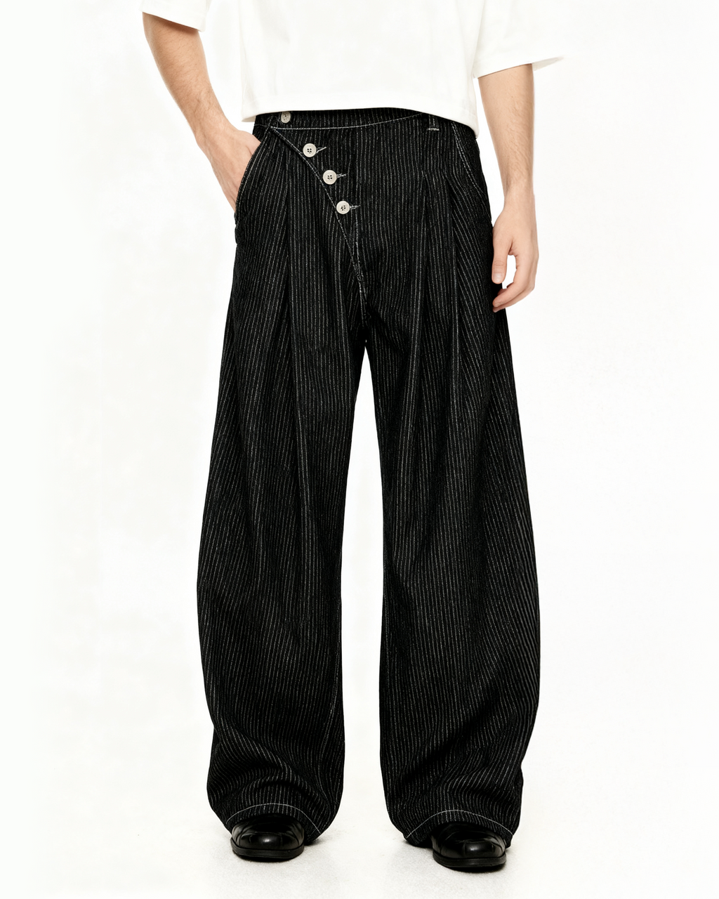 Pinstripe Pleated Wide Leg Asymmetric-Button Denim Jeans