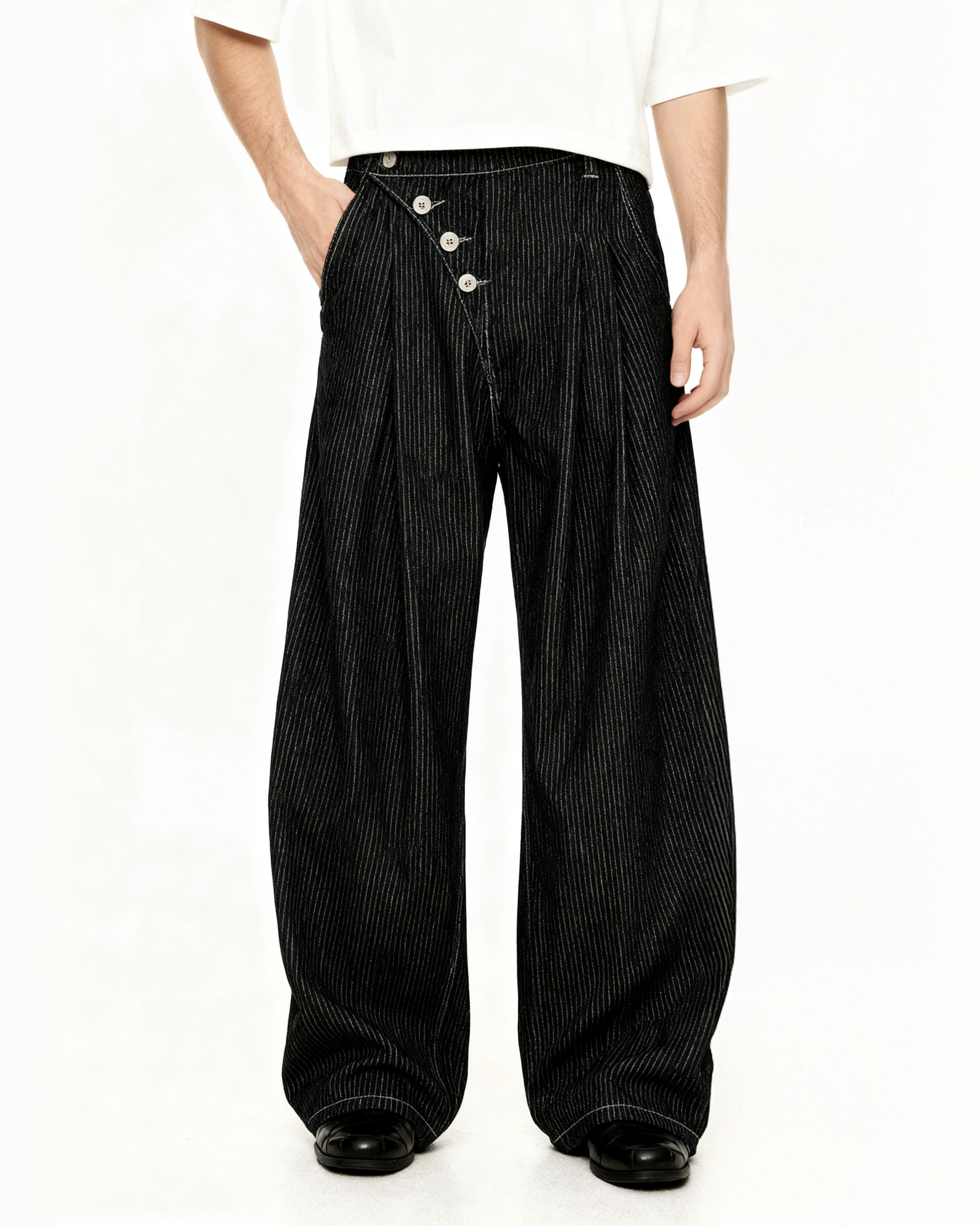 Pinstripe Pleated Wide Leg Asymmetric-Button Denim Jeans