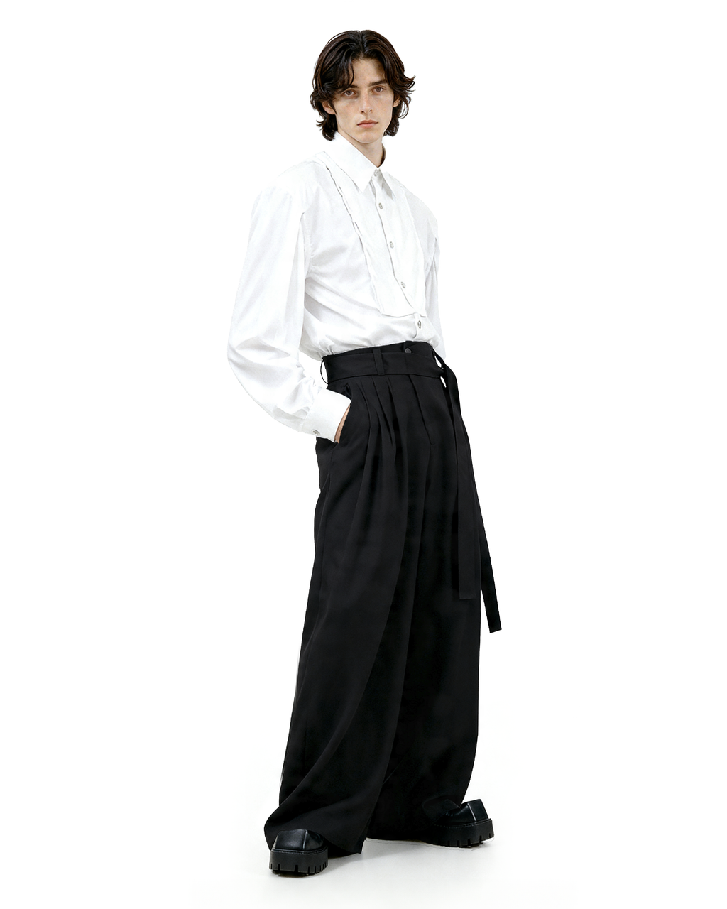 Wide Leg Belted Trousers with Pleat Detail