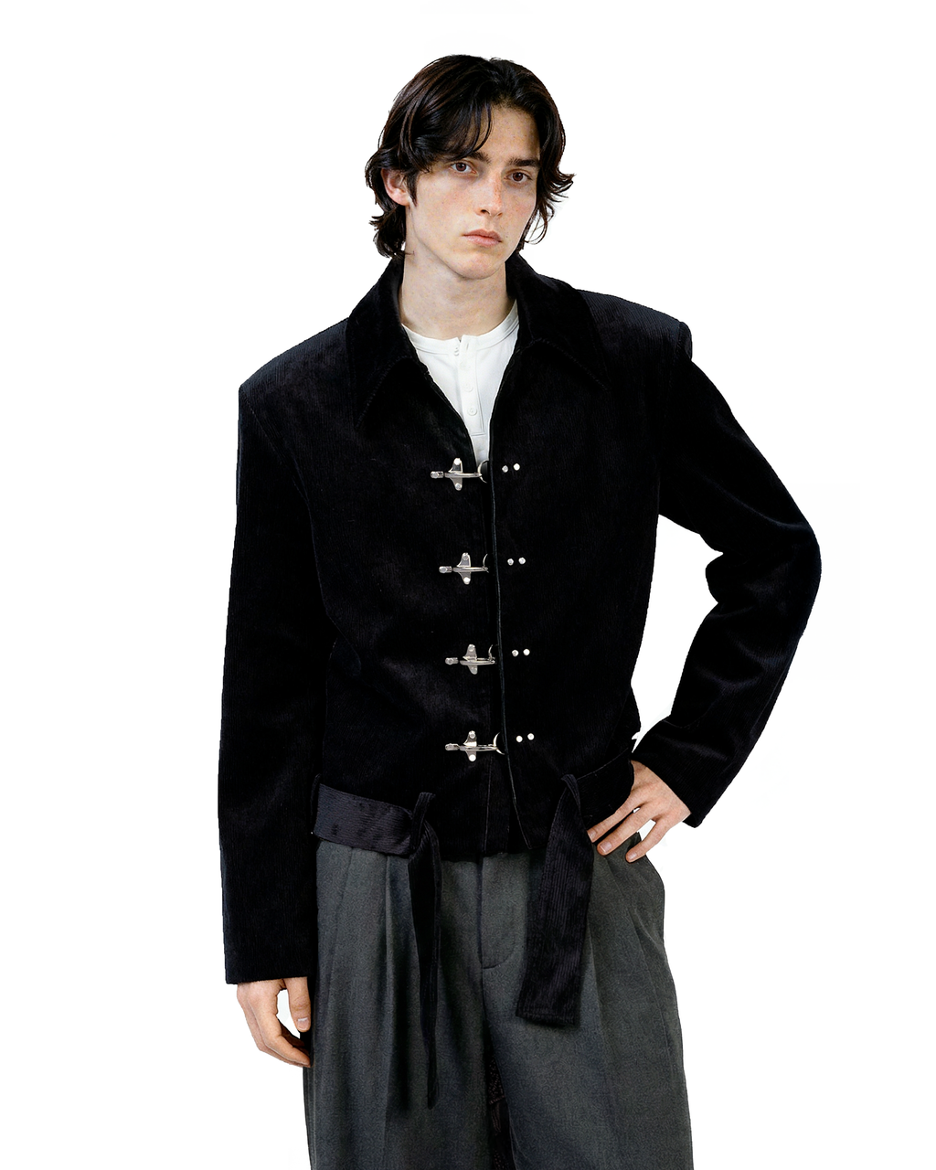 Fireman Clasp Mid-Crop Corduroy Jacket with Belted Waist
