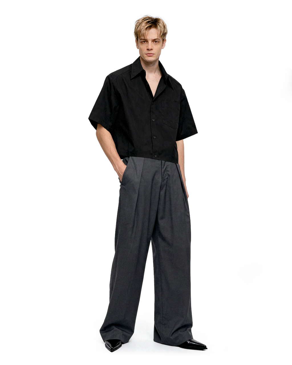 Oversized Short Sleeve Mid-Crop Shirt with Chest Pocket Detail