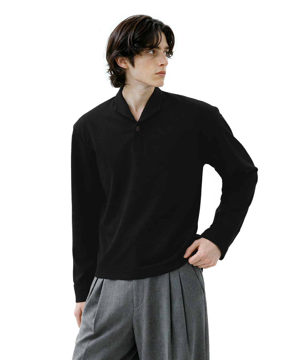 Waffle Knit Half-Button Long Sleeve Polo Top
