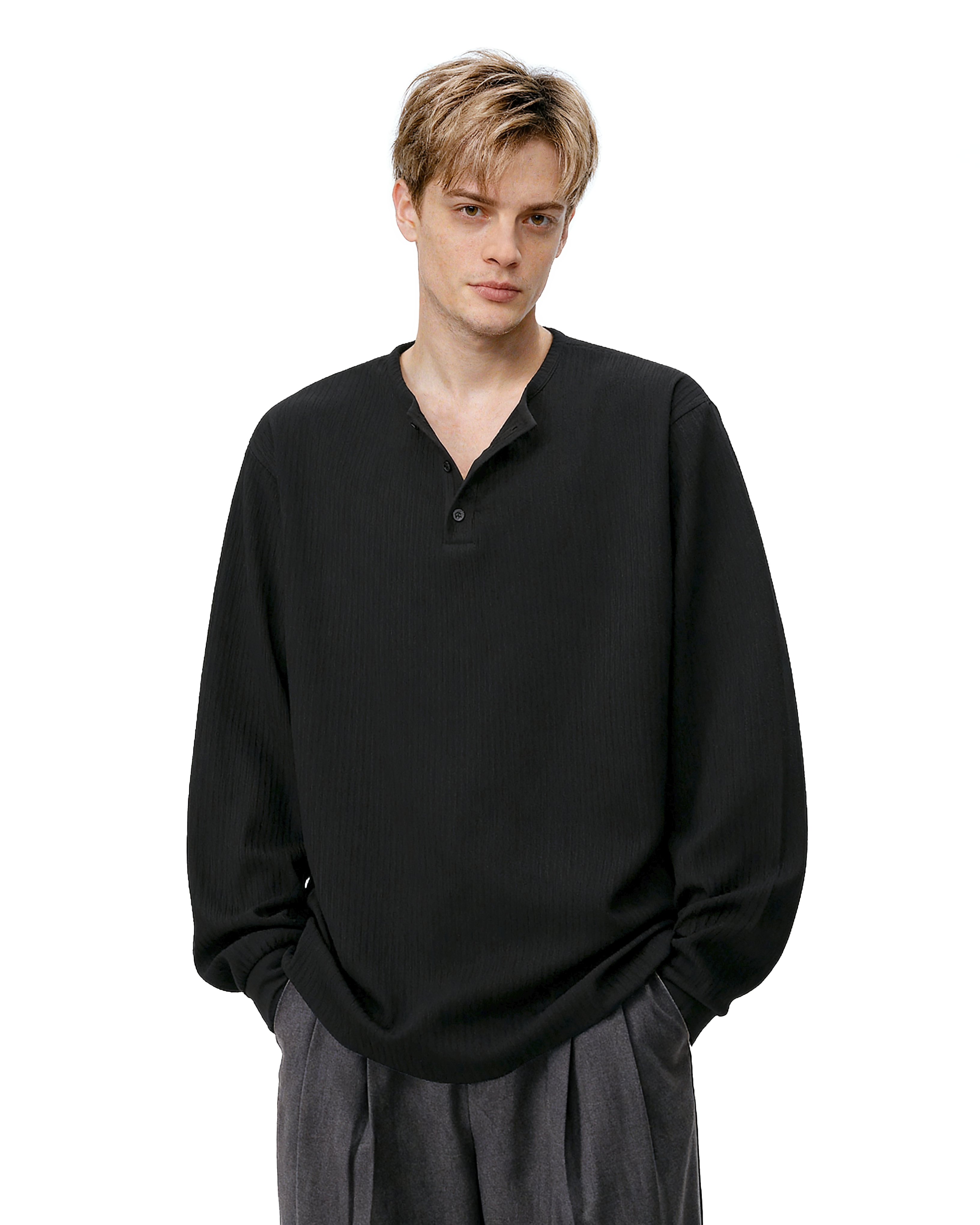 Waffle Pattern Half Button Long Sleeve Shirt