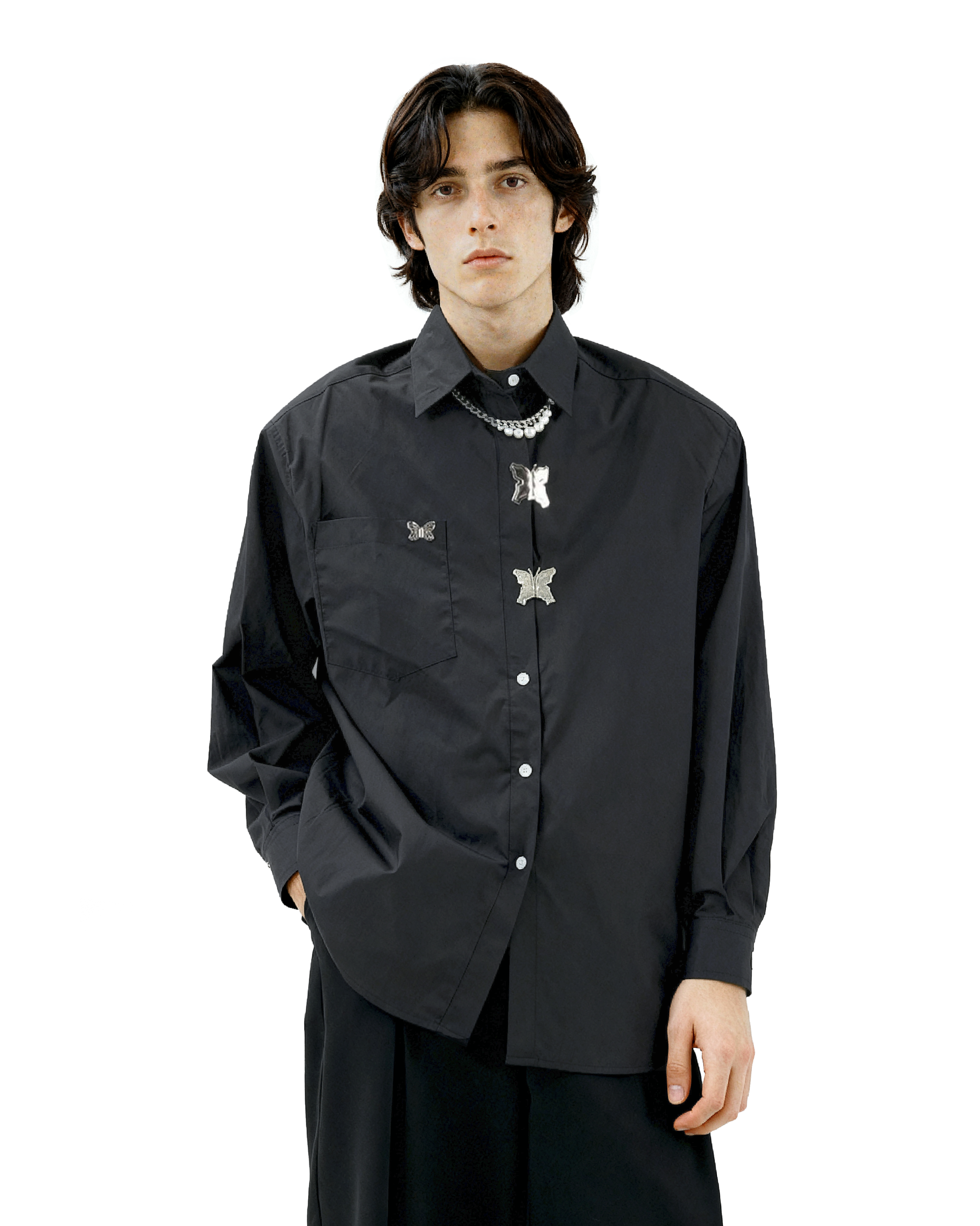 Oversized Shirt with Metallic Brooch Accents
