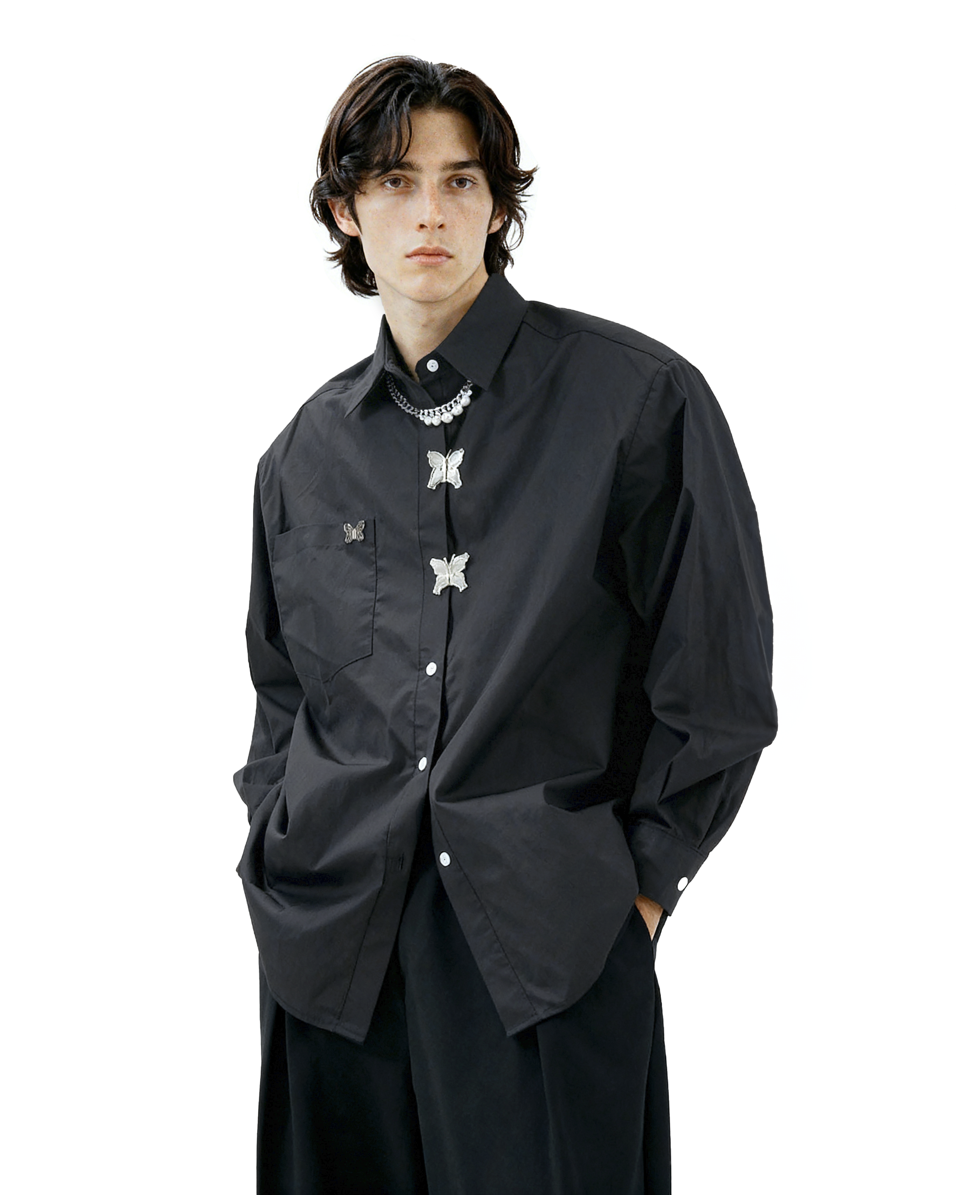 Oversized Shirt with Metallic Brooch Accents