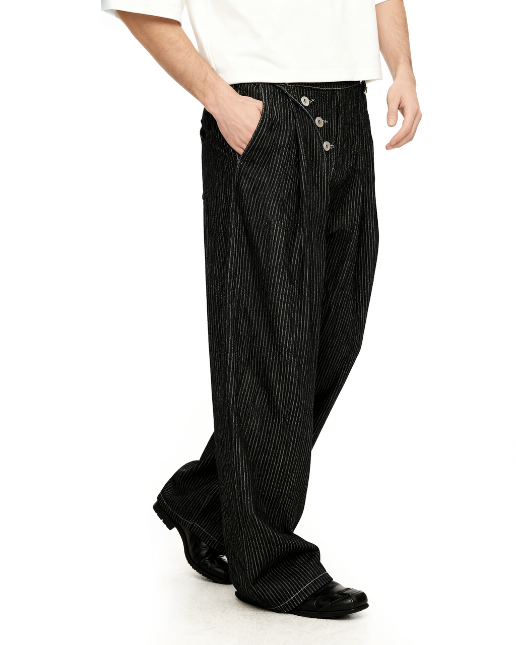Pinstripe Pleated Wide Leg Asymmetric-Button Denim Jeans