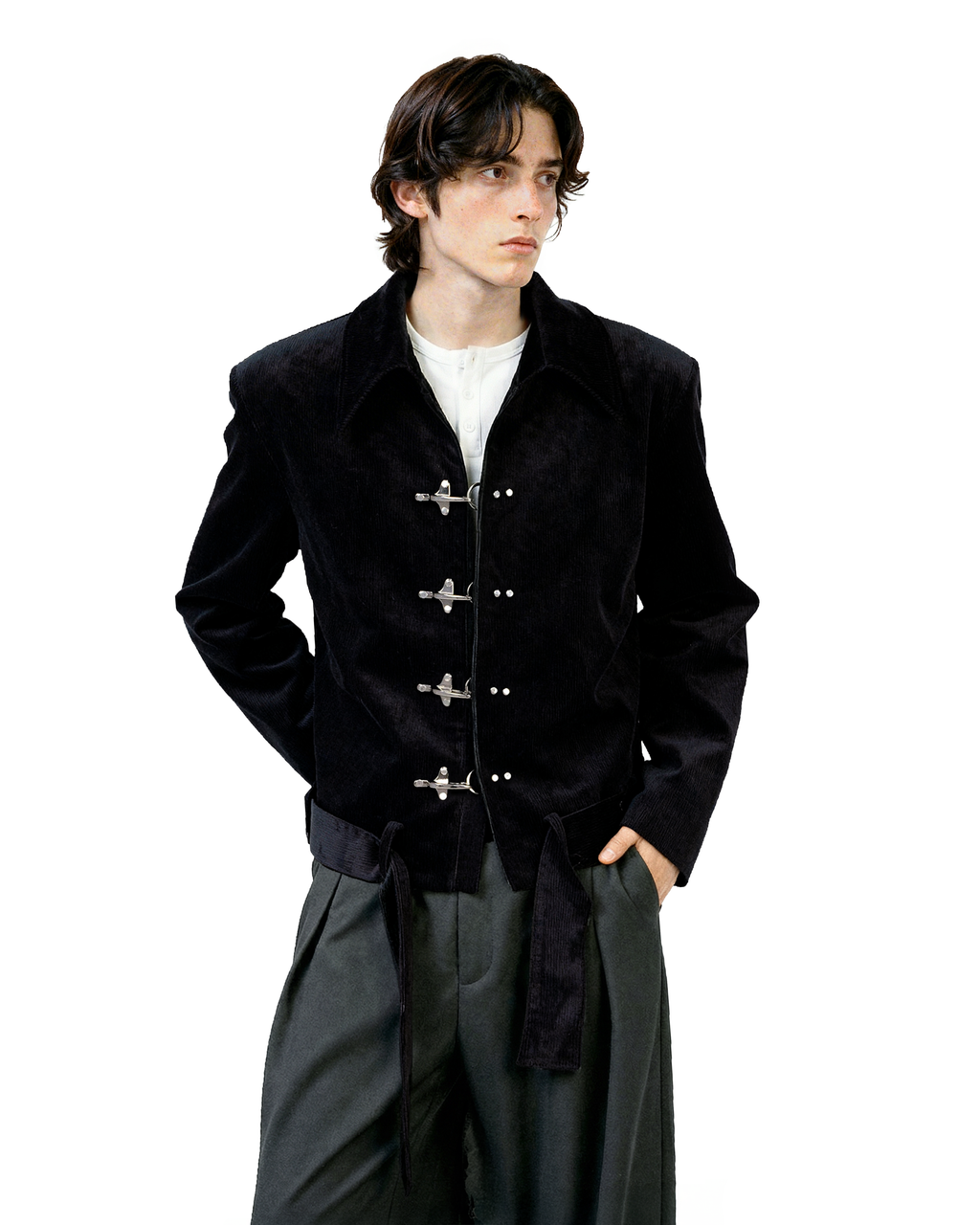 Fireman Clasp Mid-Crop Corduroy Jacket with Belted Waist