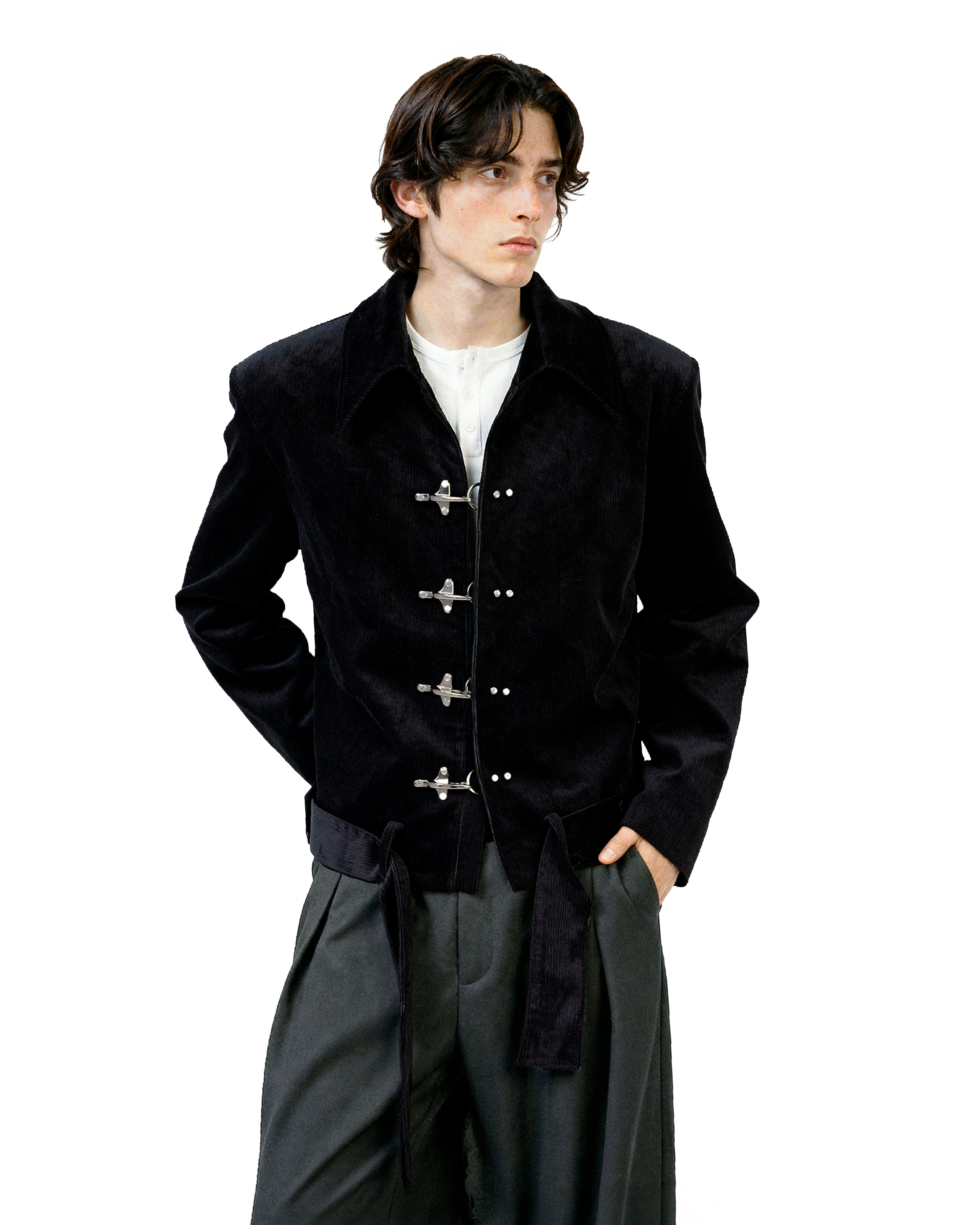 Fireman Clasp Mid-Crop Corduroy Jacket with Belted Waist