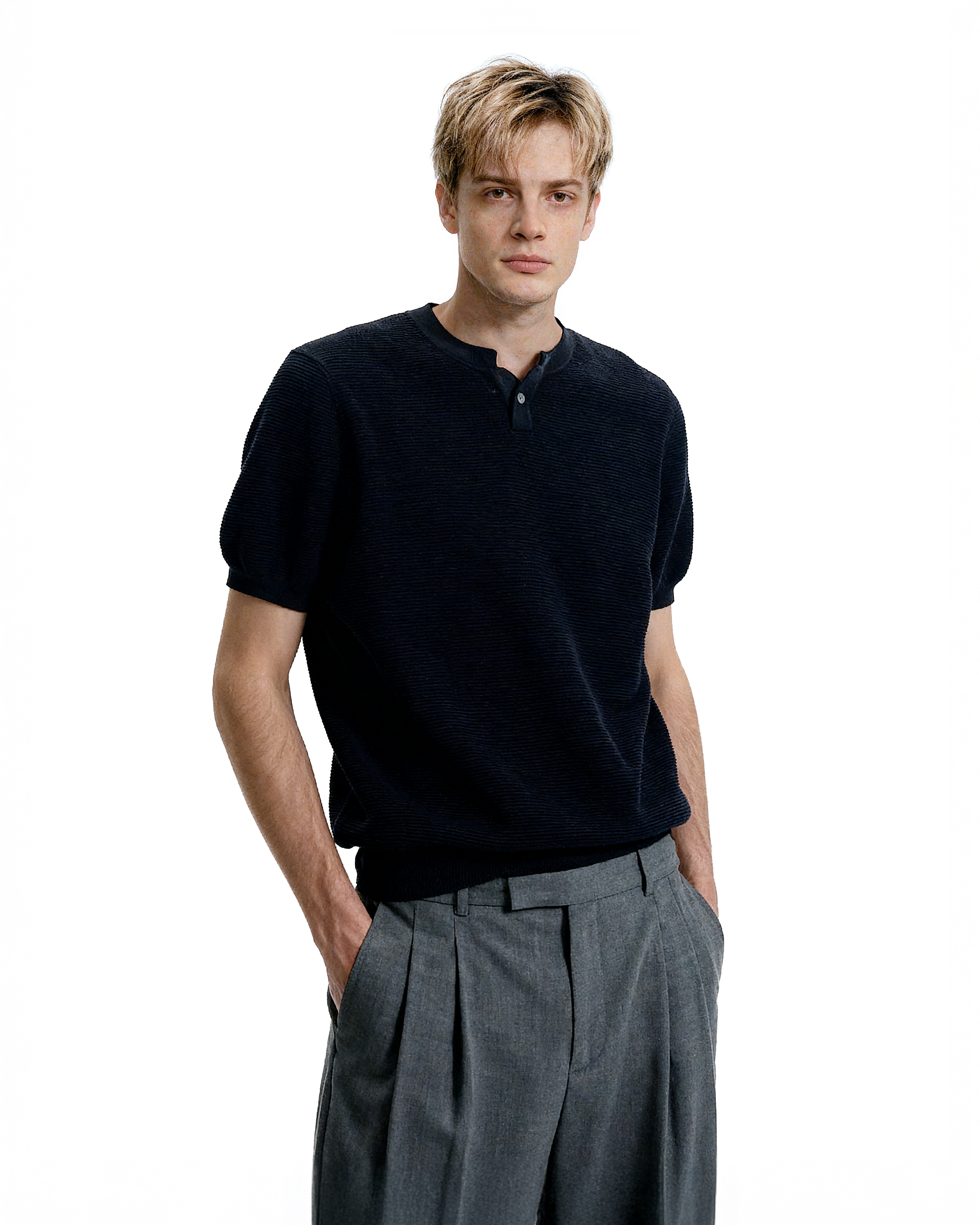 Waffle Textured Short Sleeve Henley Knit Lightweight Top