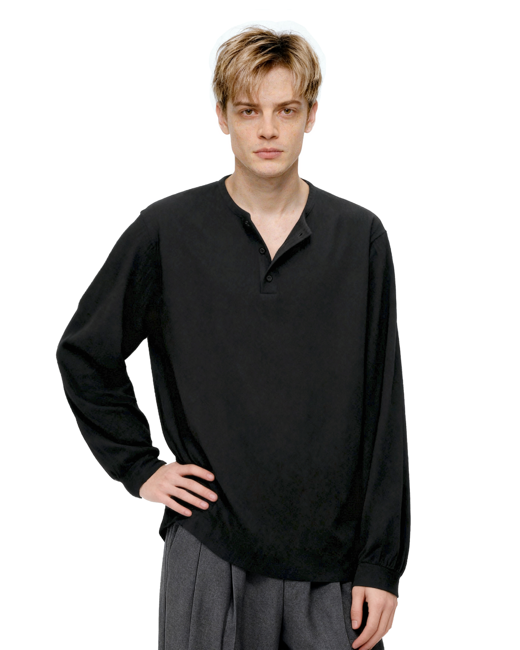 Waffle Pattern Half Button Long Sleeve Shirt