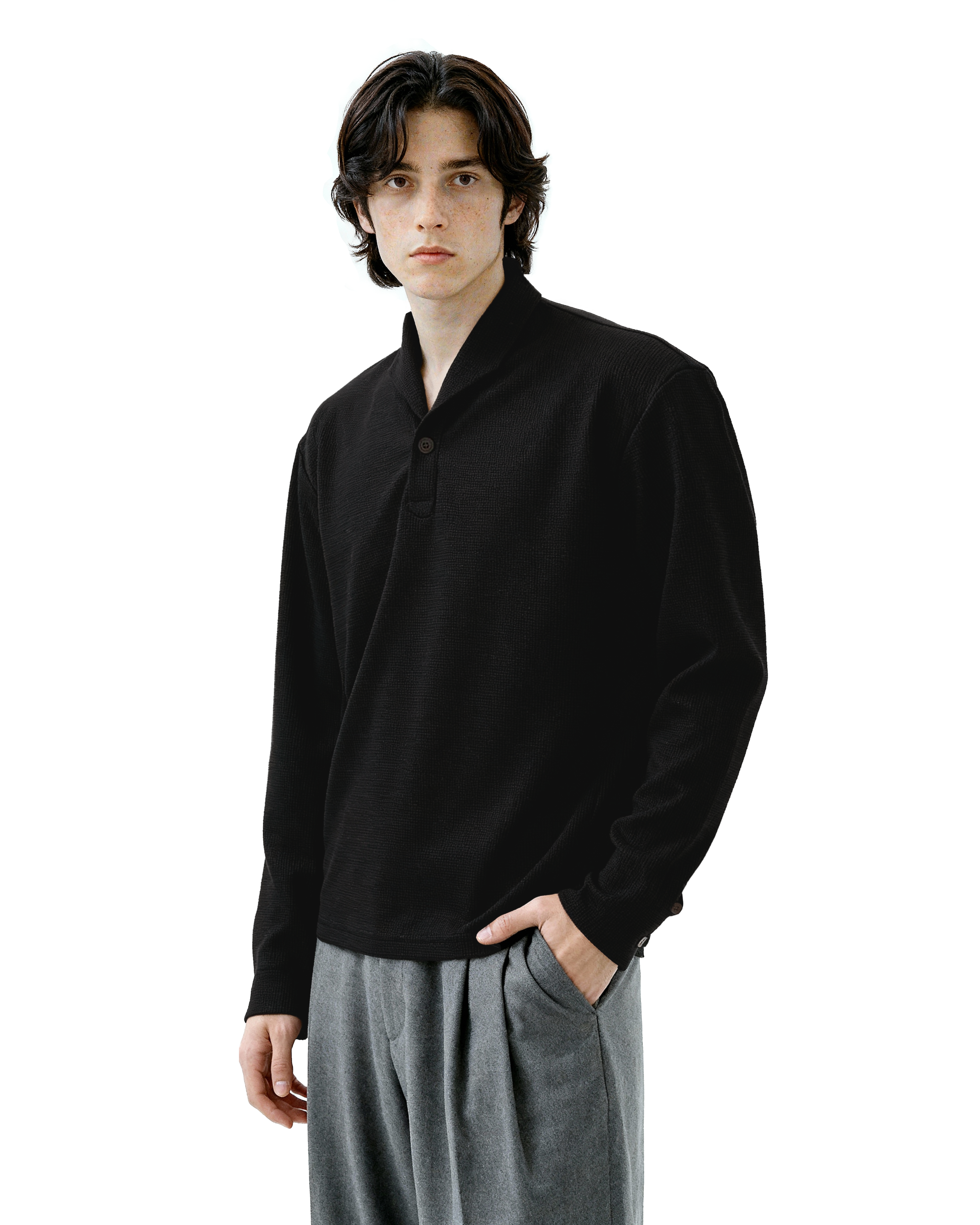 Waffle Knit Half-Button Long Sleeve Polo Top