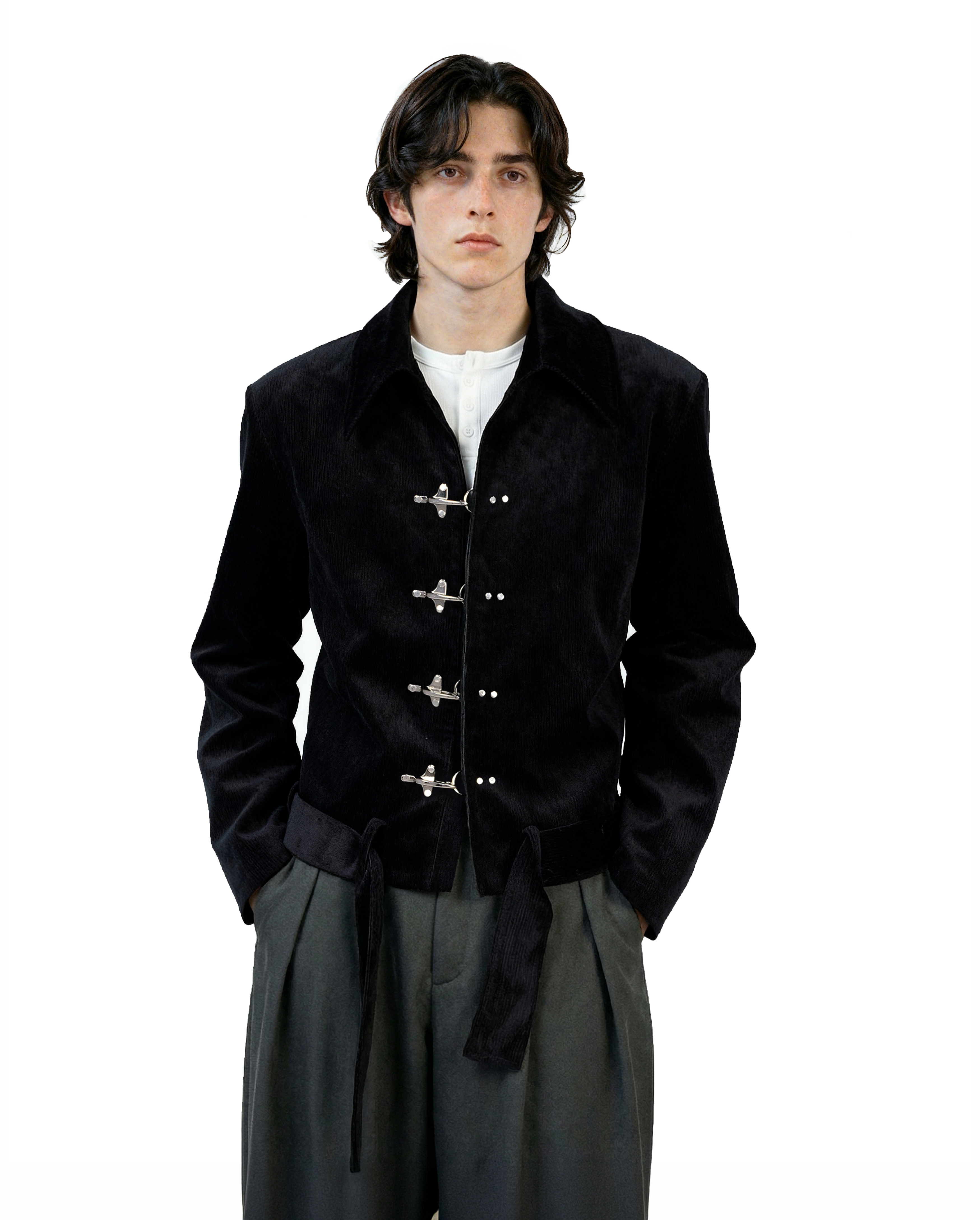 Fireman Clasp Mid-Crop Corduroy Jacket with Belted Waist