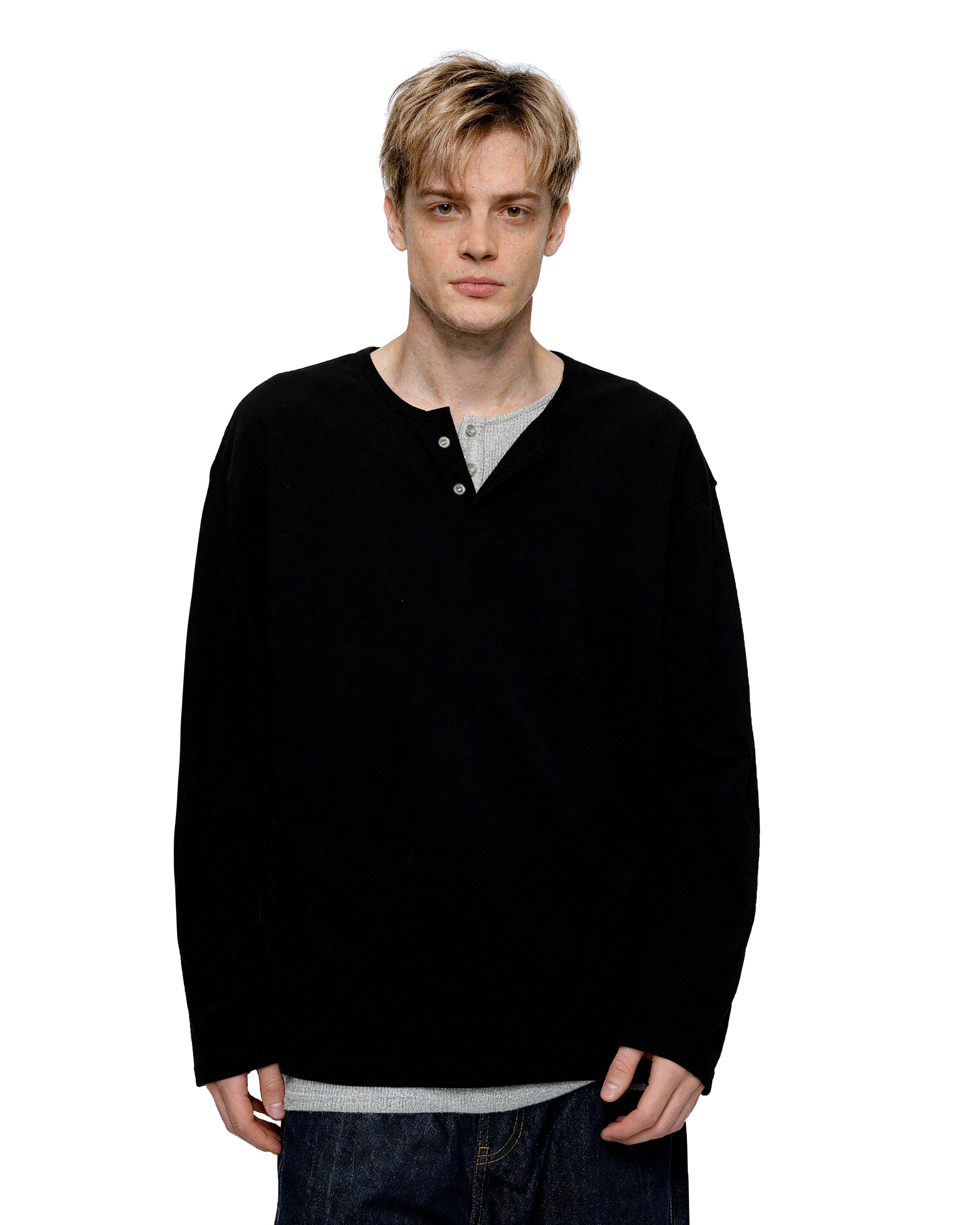 Oversized Mock-Layered Ribbed Knit Henley Top