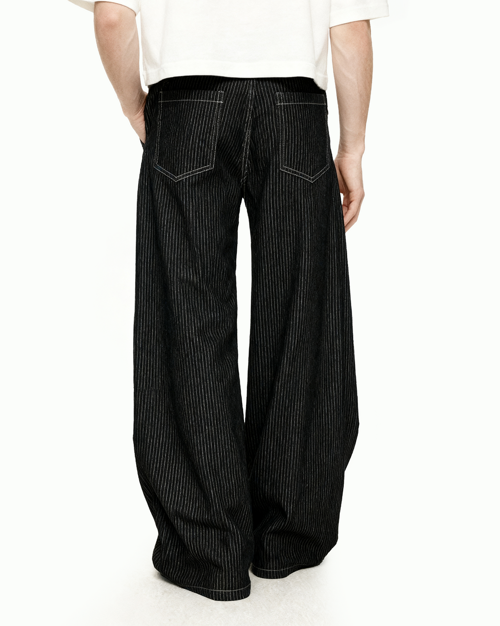 Pinstripe Pleated Wide Leg Asymmetric-Button Denim Jeans