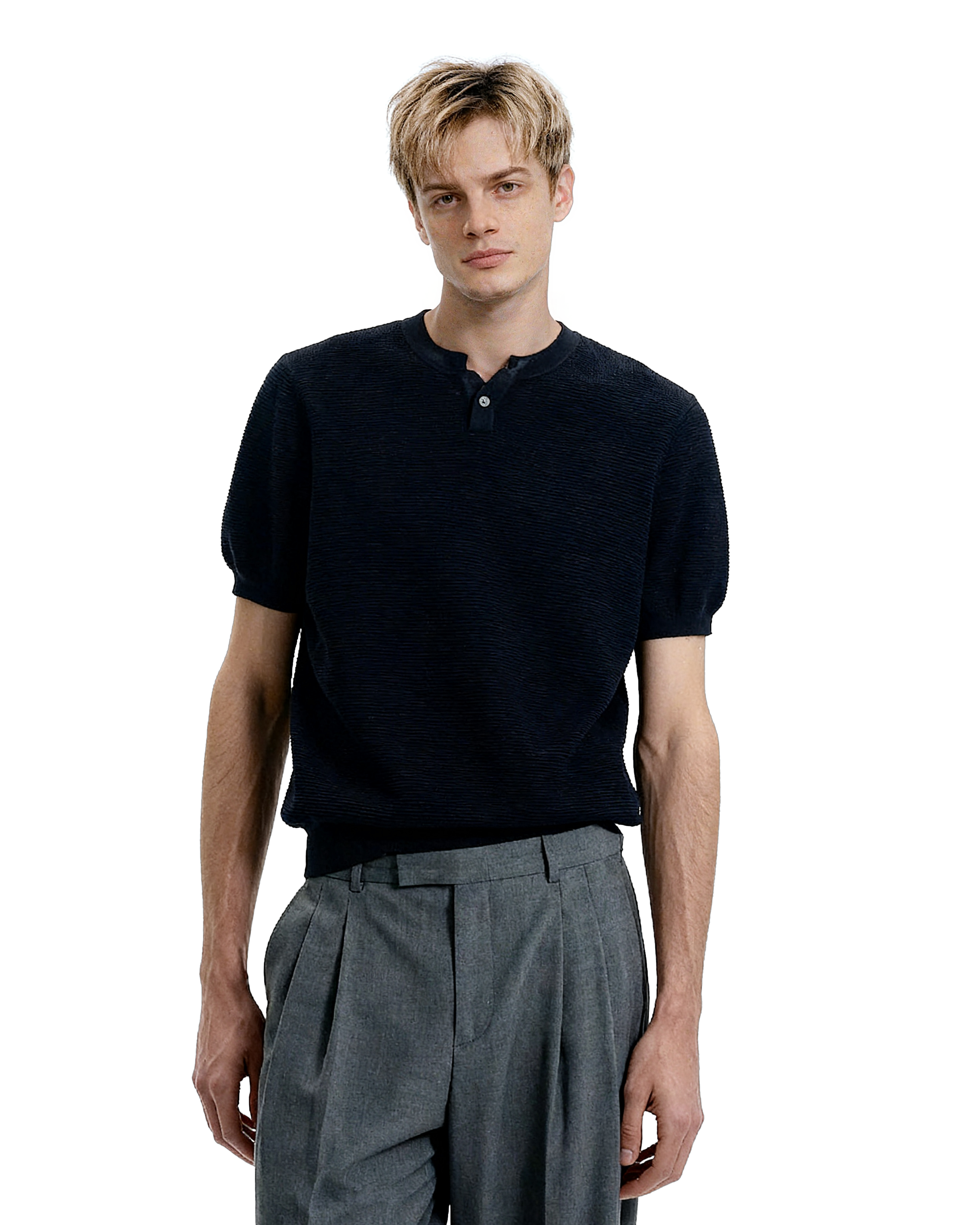 Waffle Textured Short Sleeve Henley Knit Lightweight Top