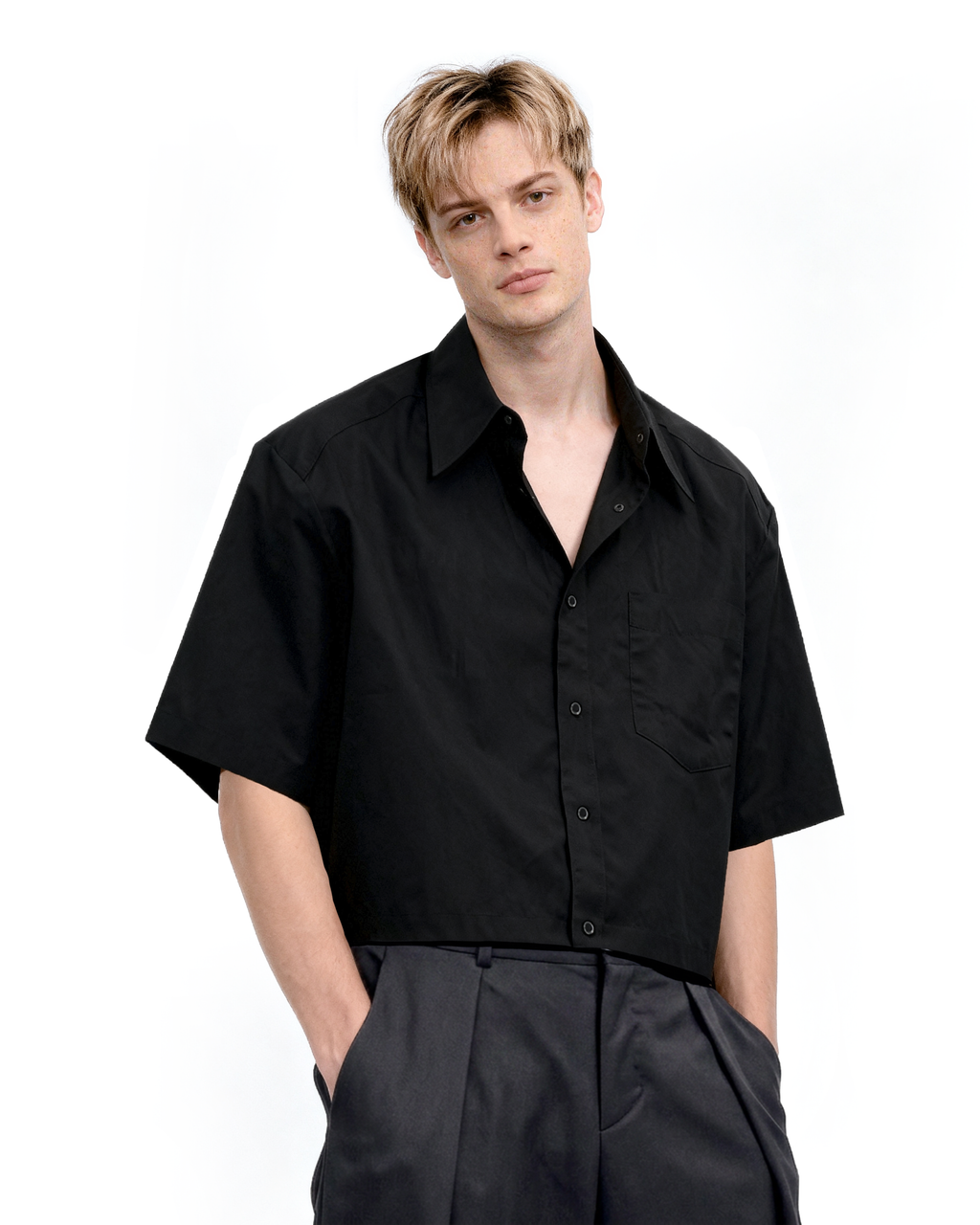 Oversized Short Sleeve Mid-Crop Shirt with Chest Pocket Detail