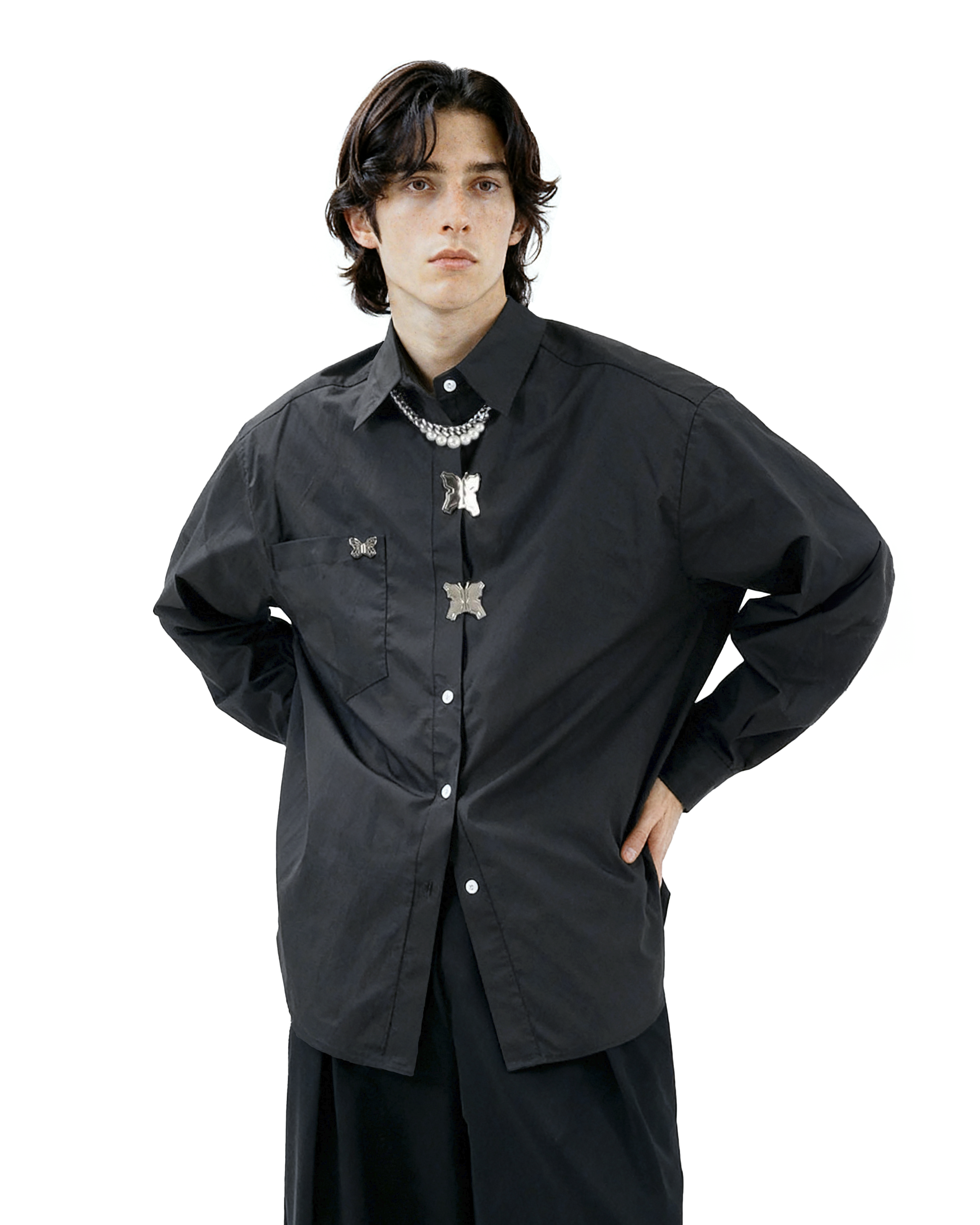 Oversized Shirt with Metallic Brooch Accents