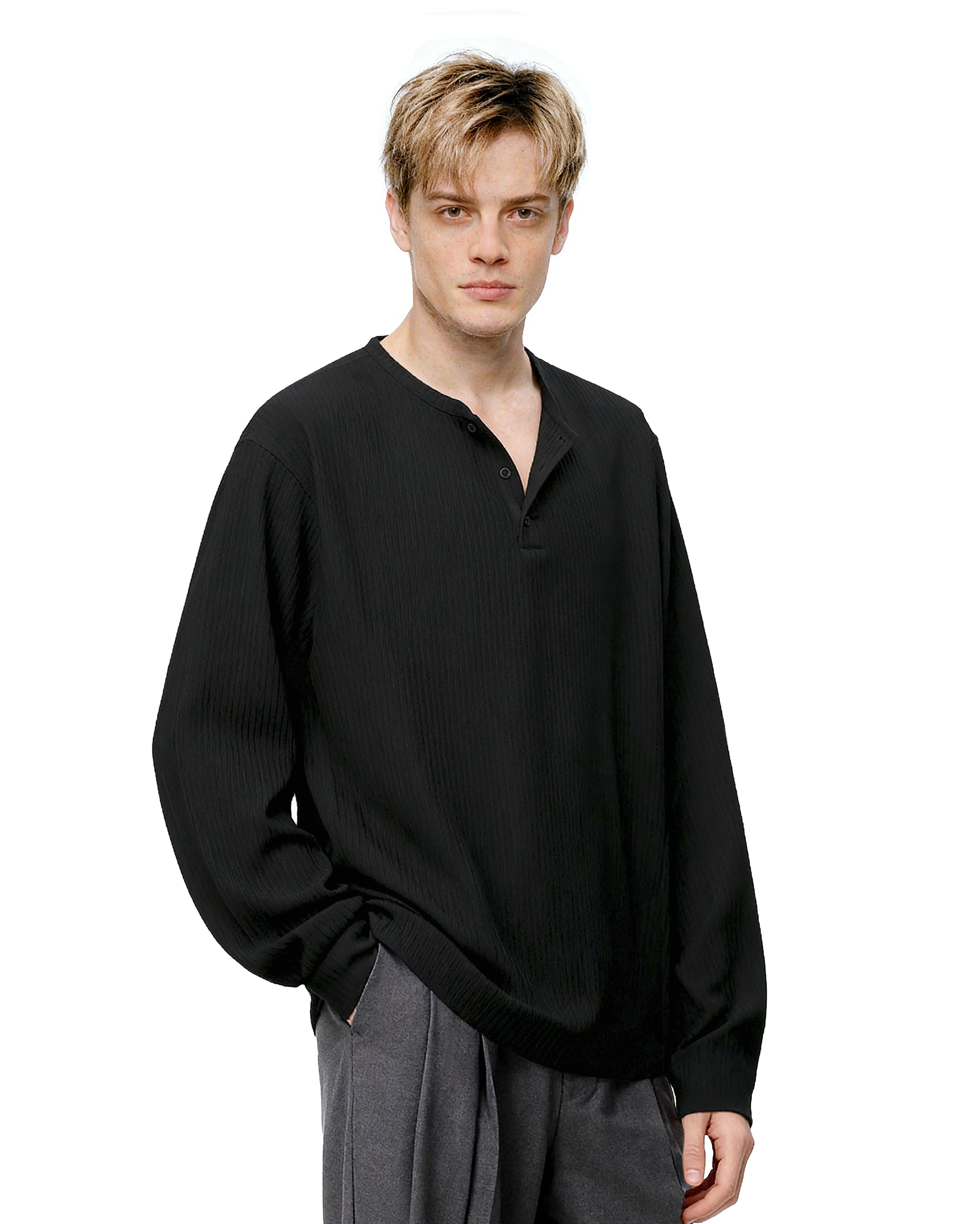 Waffle Pattern Half Button Long Sleeve Shirt