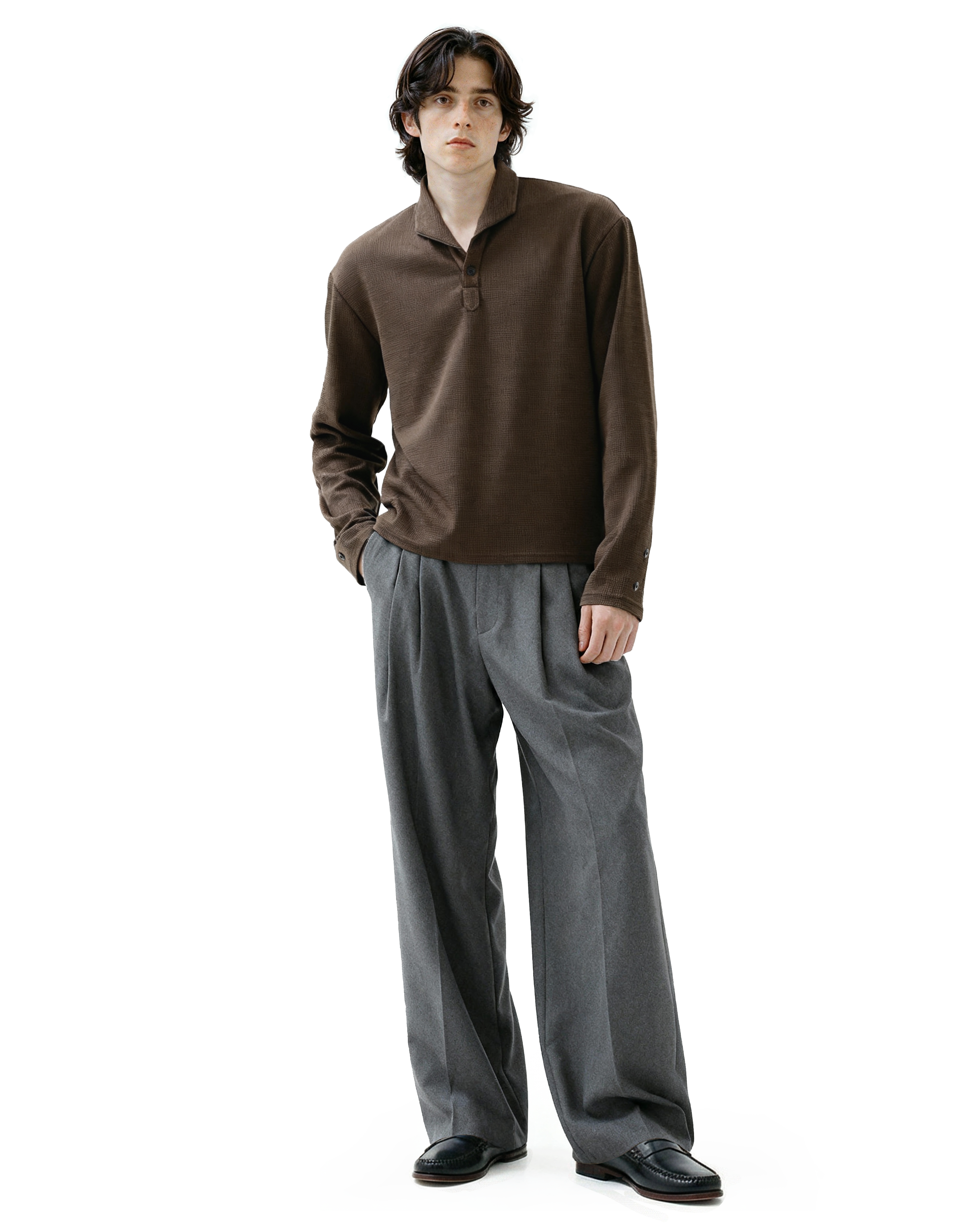 Waffle Knit Half-Button Long Sleeve Polo Top