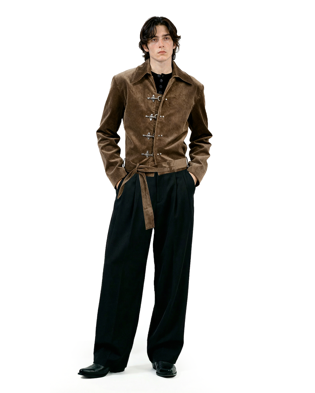 Fireman Clasp Mid-Crop Corduroy Jacket with Belted Waist