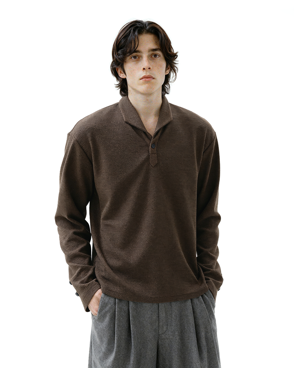 Waffle Knit Half-Button Long Sleeve Polo Top