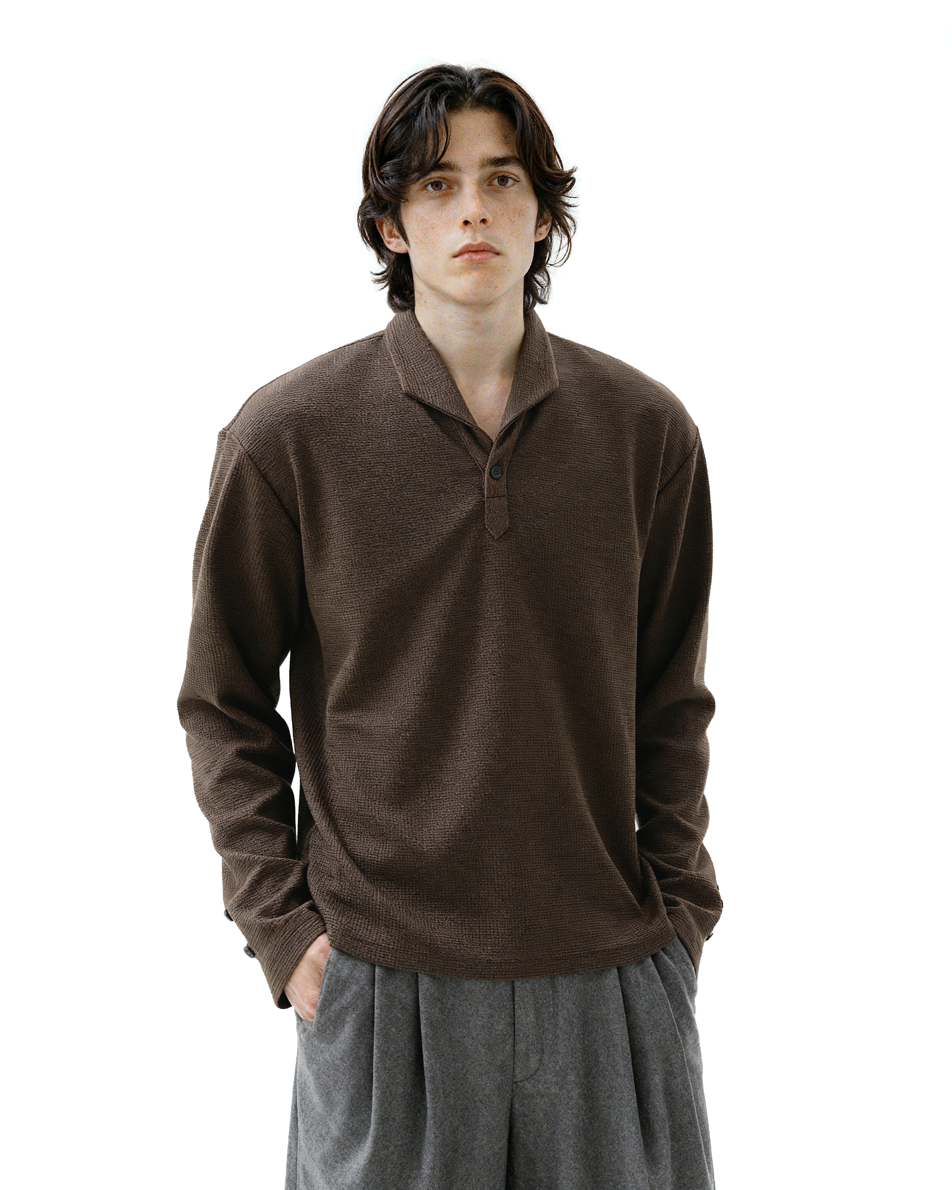 Waffle Knit Half-Button Long Sleeve Polo Top