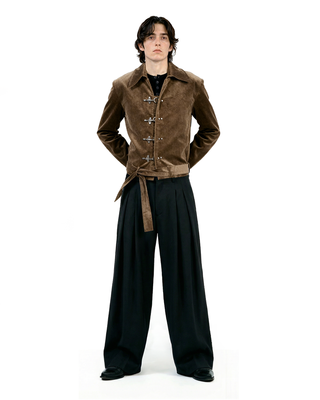 Fireman Clasp Mid-Crop Corduroy Jacket with Belted Waist