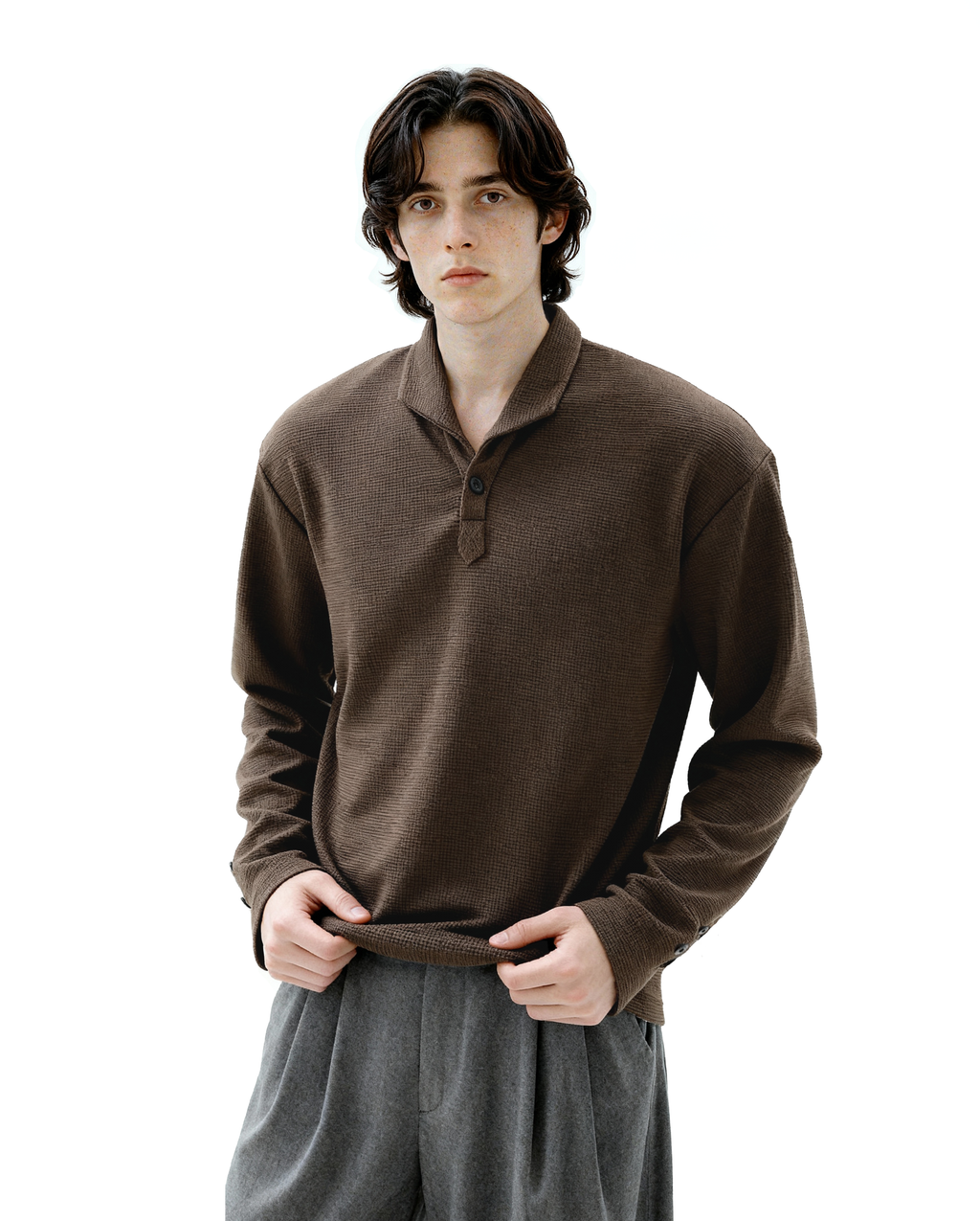 Waffle Knit Half-Button Long Sleeve Polo Top