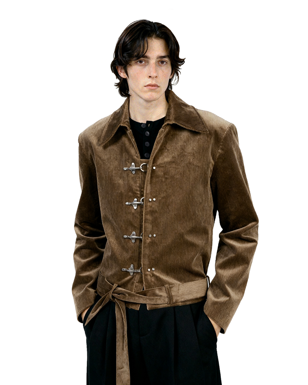 Fireman Clasp Mid-Crop Corduroy Jacket with Belted Waist