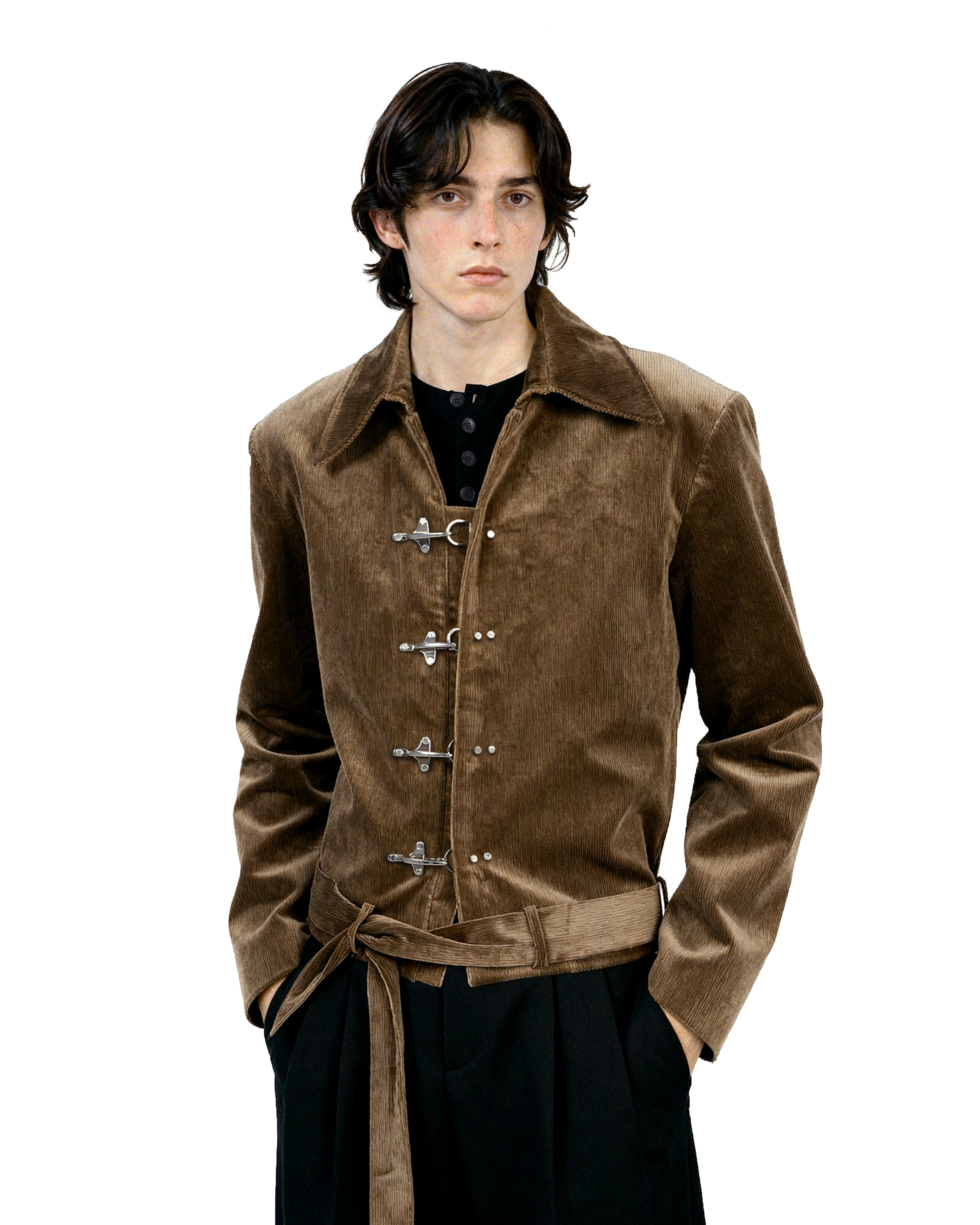 Fireman Clasp Mid-Crop Corduroy Jacket with Belted Waist