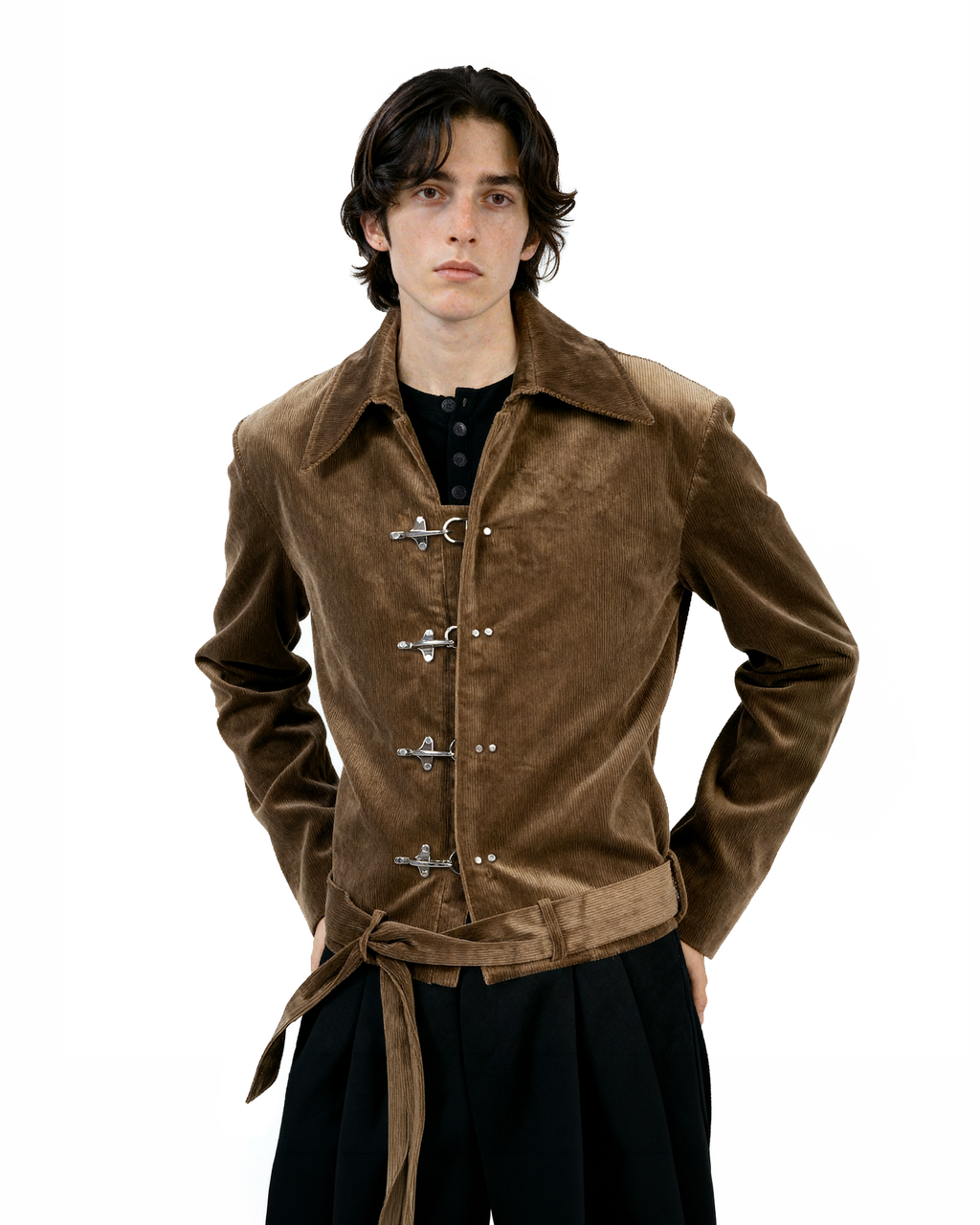 Fireman Clasp Mid-Crop Corduroy Jacket with Belted Waist