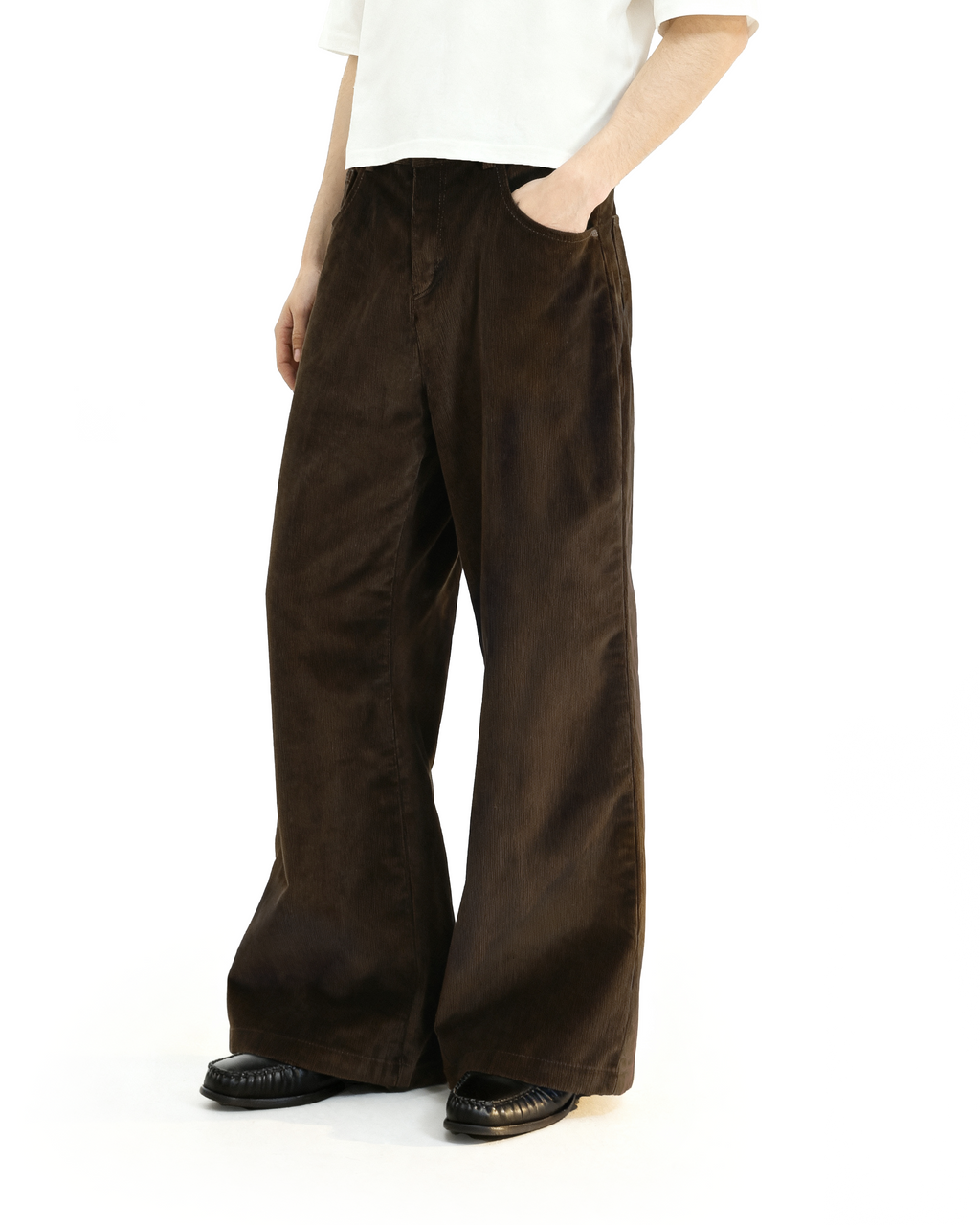 Wide Leg Semi-Flare Ribbed Corduroy Pants