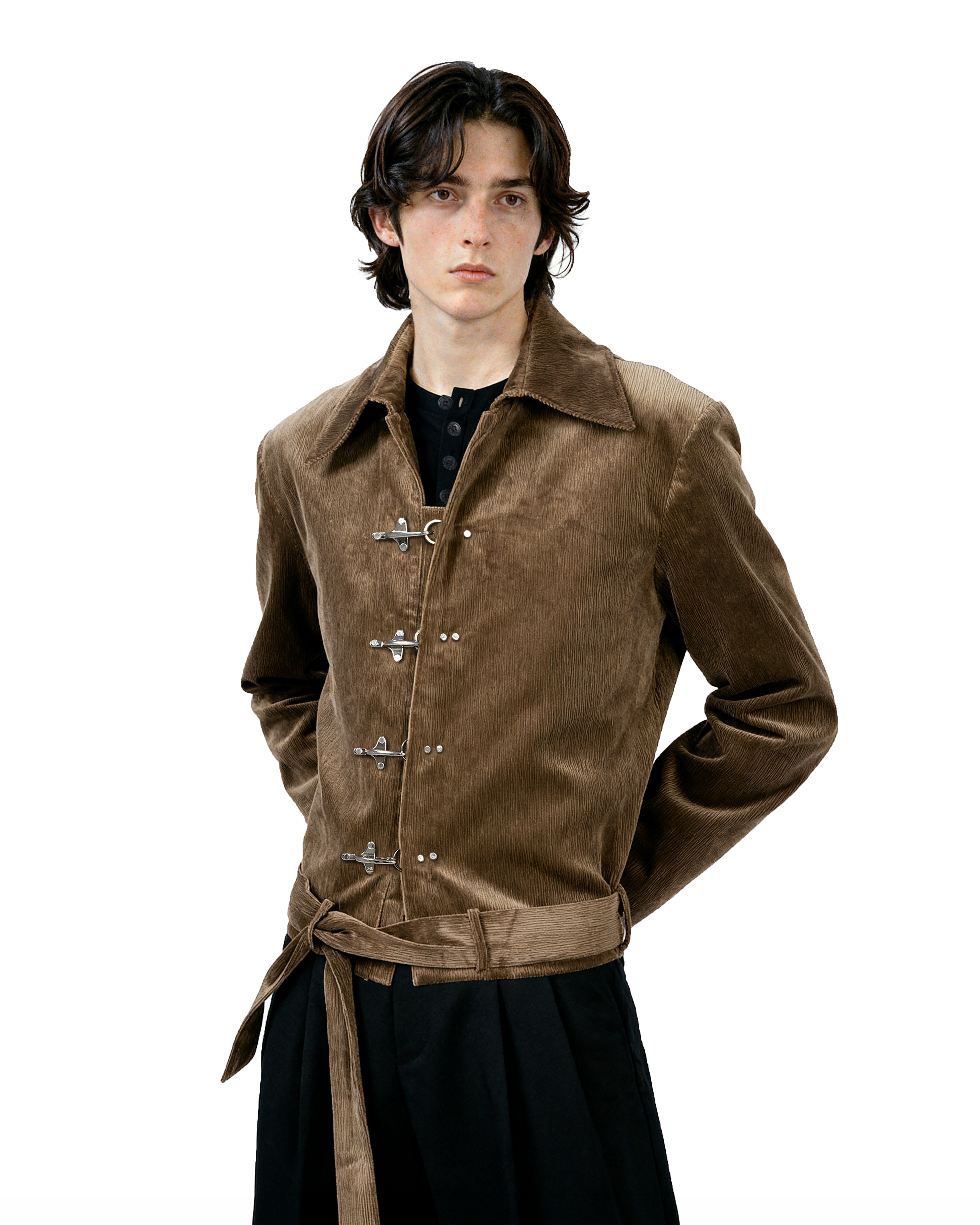 Fireman Clasp Mid-Crop Corduroy Jacket with Belted Waist