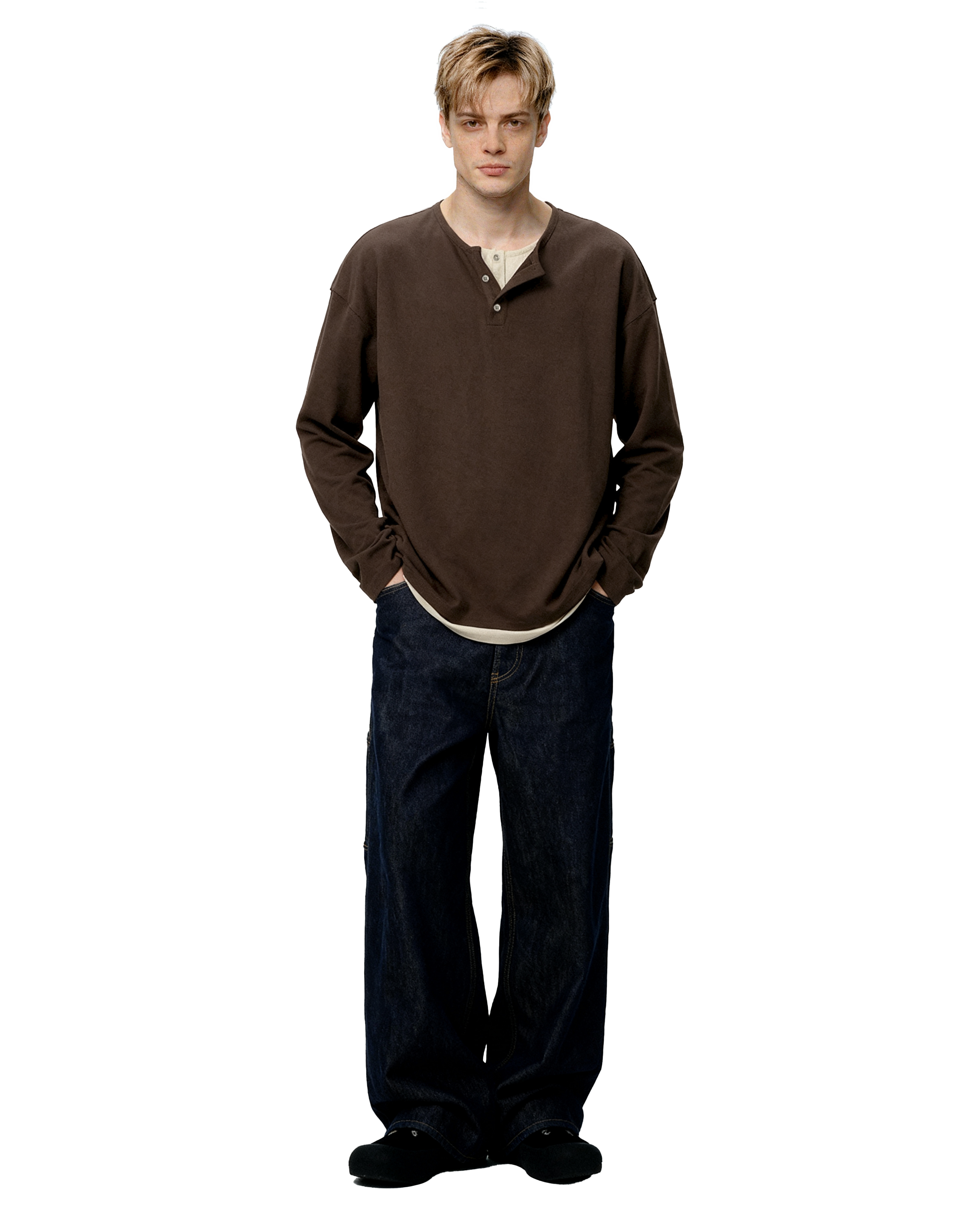 Oversized Mock-Layered Ribbed Knit Henley Top