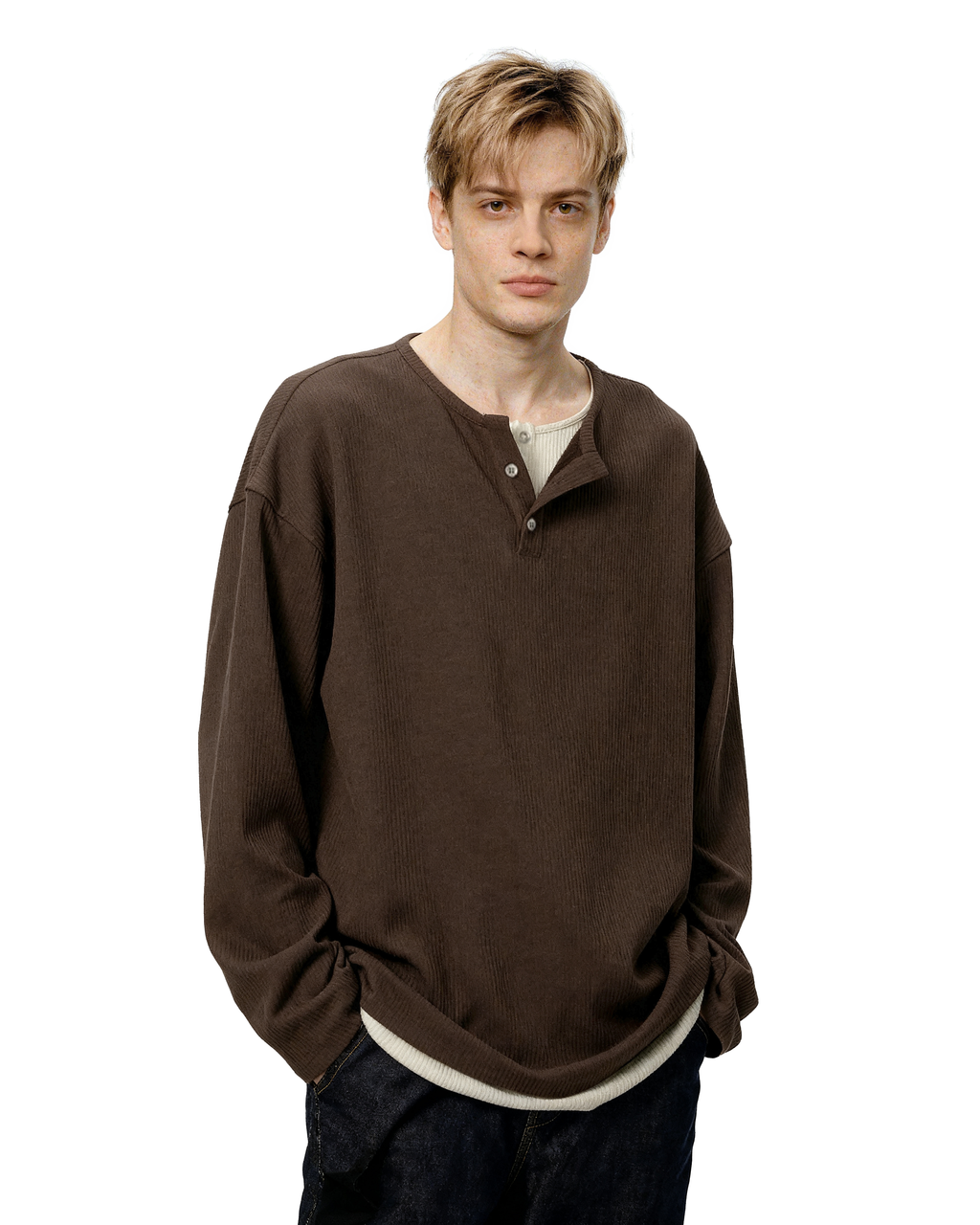 Oversized Mock-Layered Ribbed Knit Henley Top