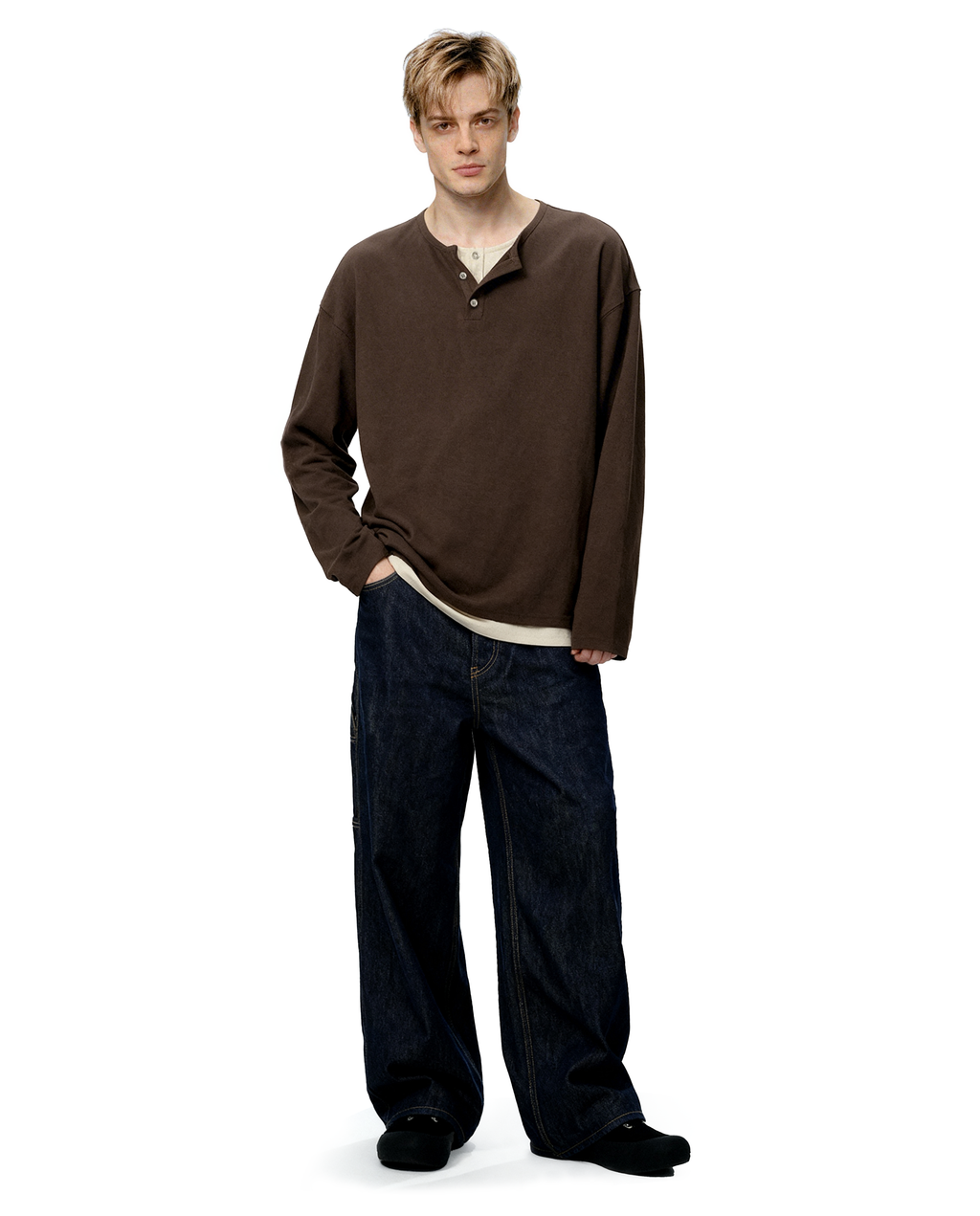 Oversized Mock-Layered Ribbed Knit Henley Top