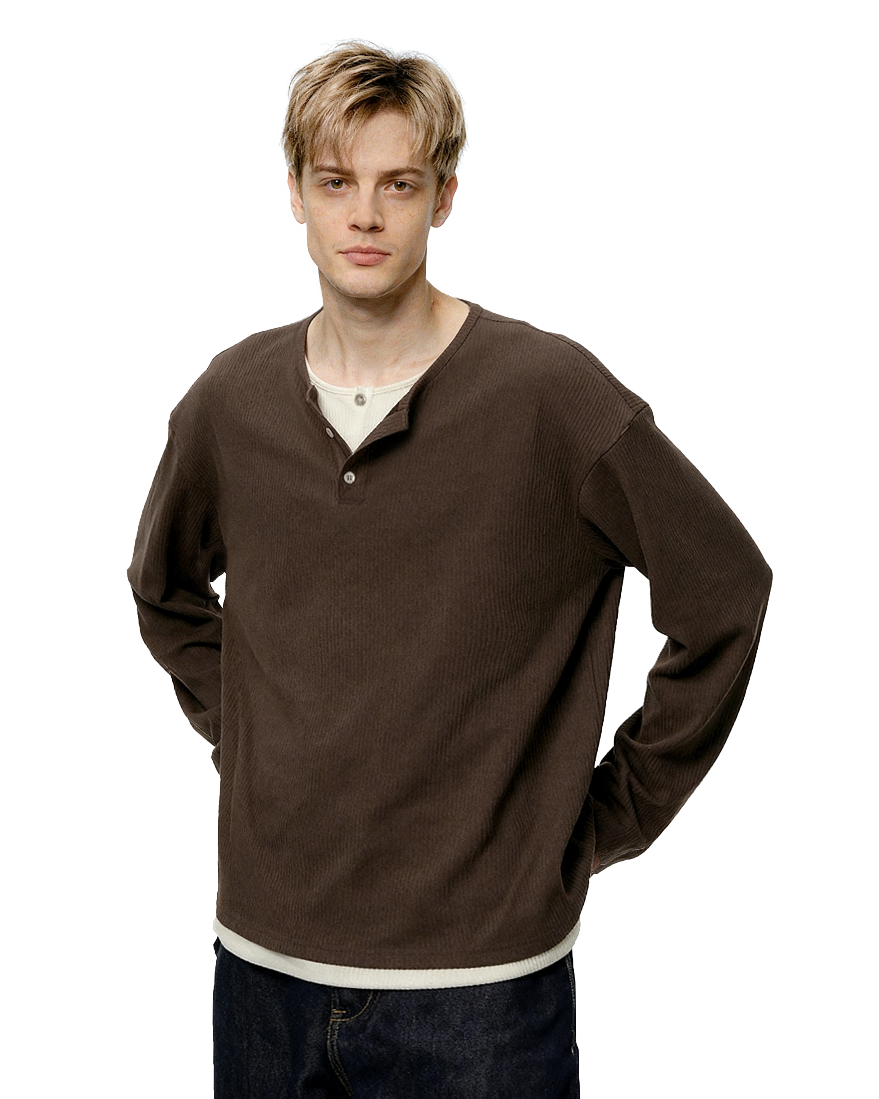 Oversized Mock-Layered Ribbed Knit Henley Top