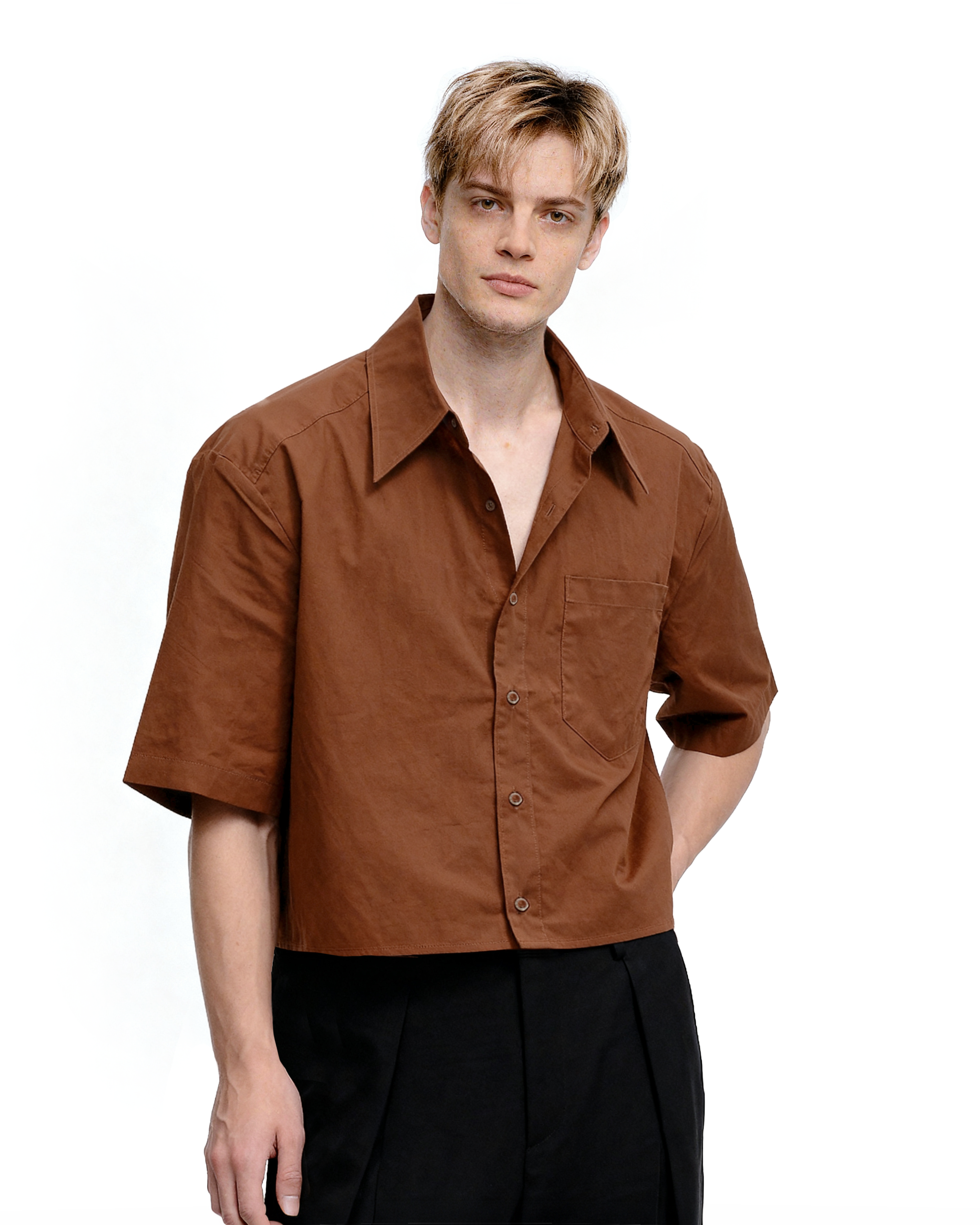 Oversized Short Sleeve Mid-Crop Shirt with Chest Pocket Detail