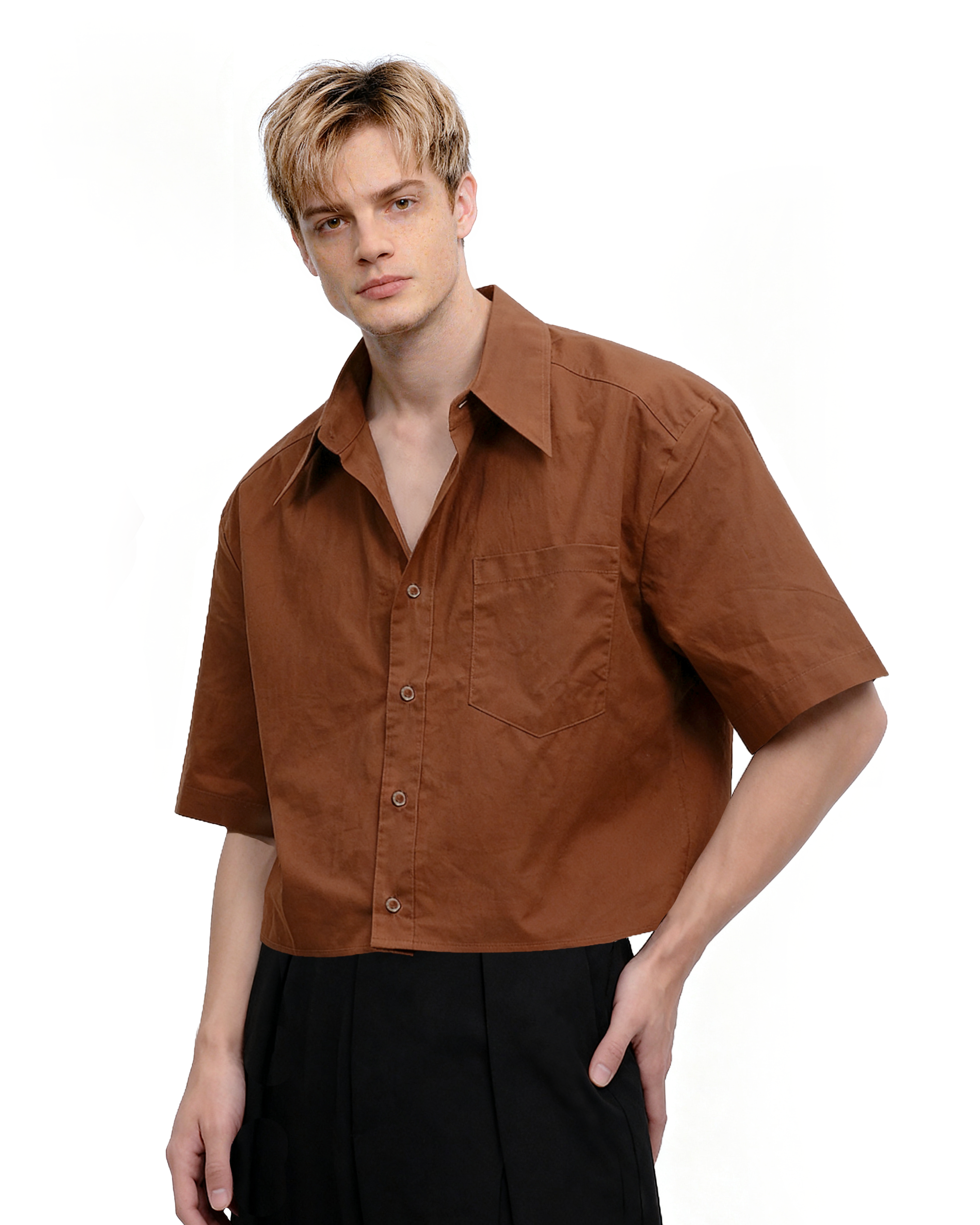 Oversized Short Sleeve Mid-Crop Shirt with Chest Pocket Detail