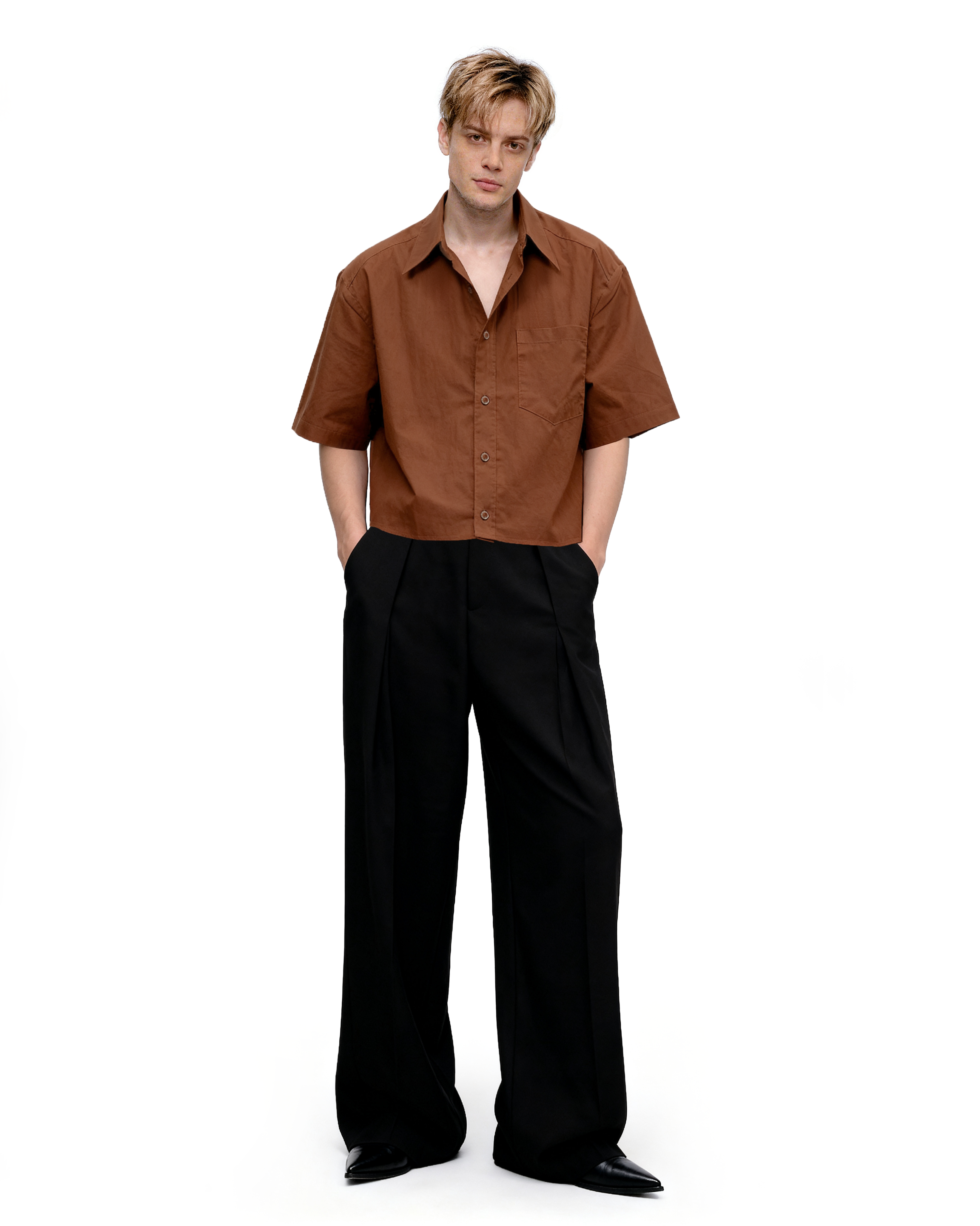 Oversized Short Sleeve Mid-Crop Shirt with Chest Pocket Detail
