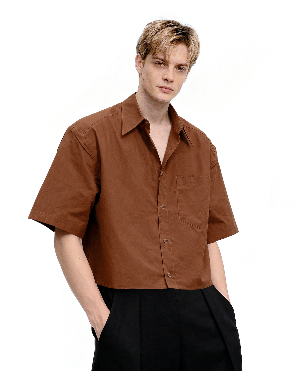 Oversized Short Sleeve Mid-Crop Shirt with Chest Pocket Detail
