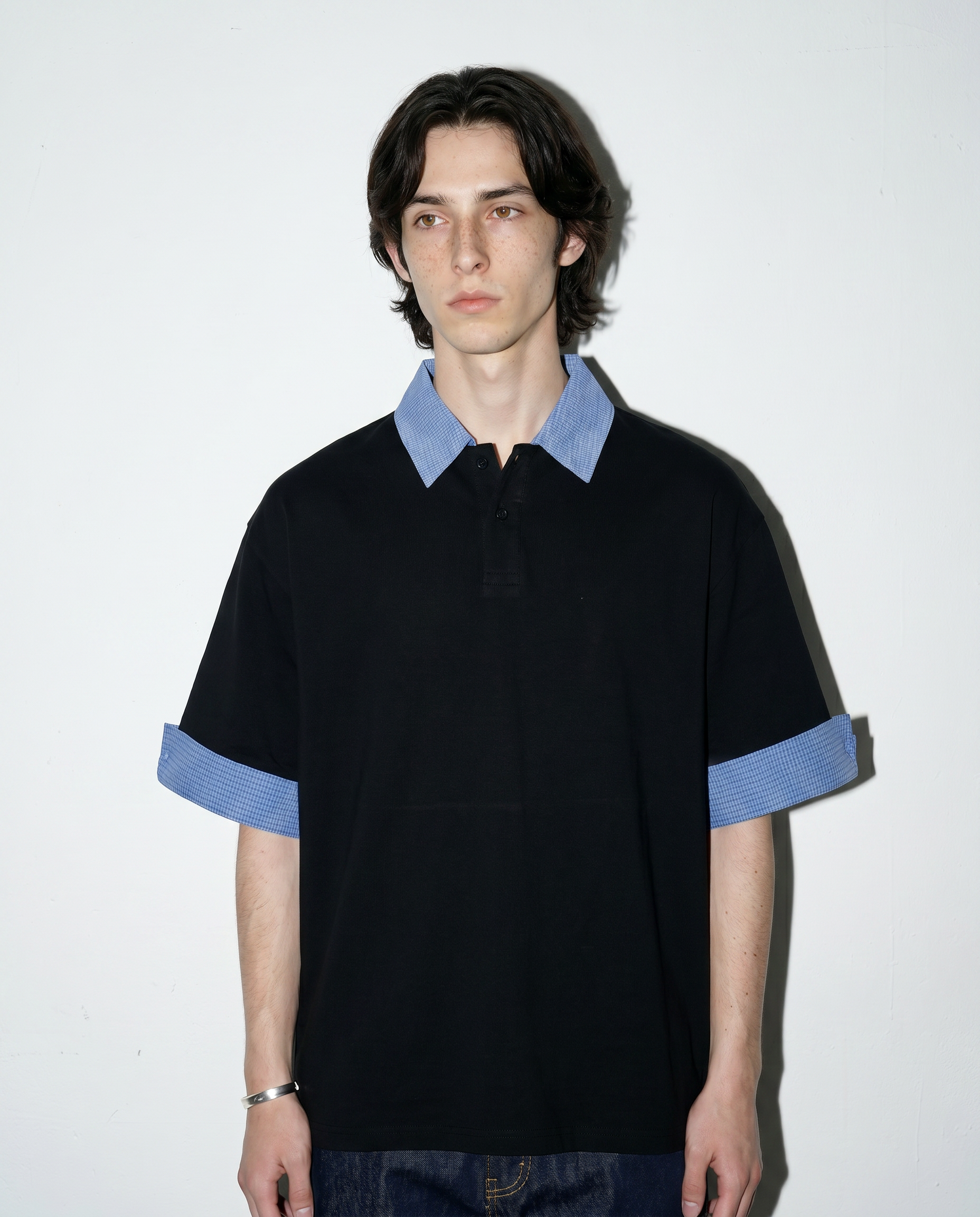 Contrast Plaid Collar Short Sleeve Polo Shirt
