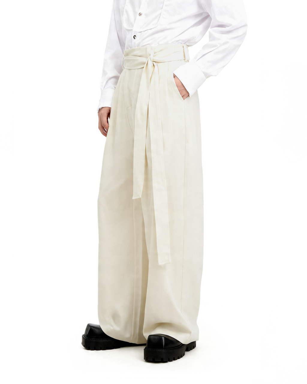Wide Leg Belted Trousers with Pleat Detail
