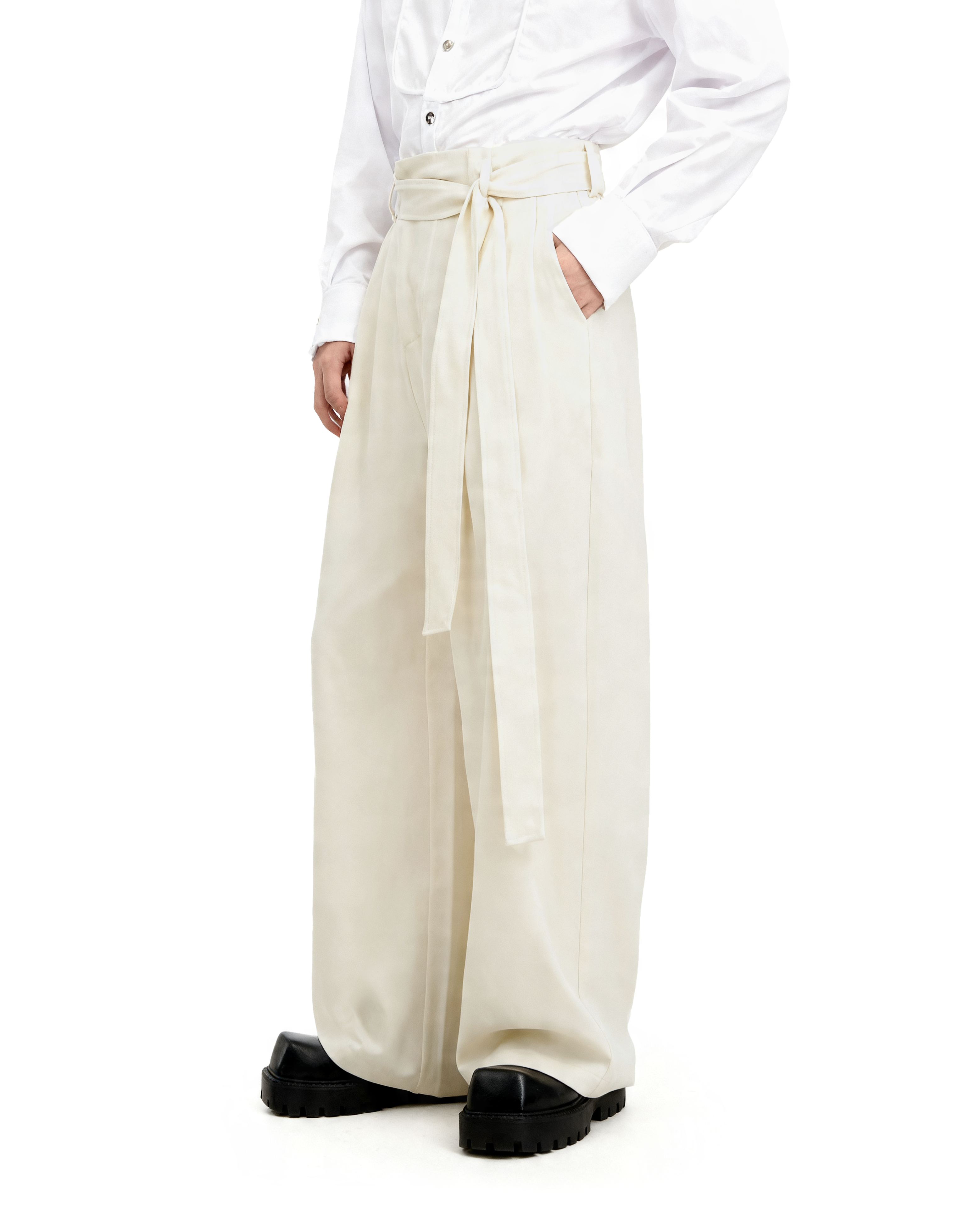 Wide Leg Belted Trousers with Pleat Detail