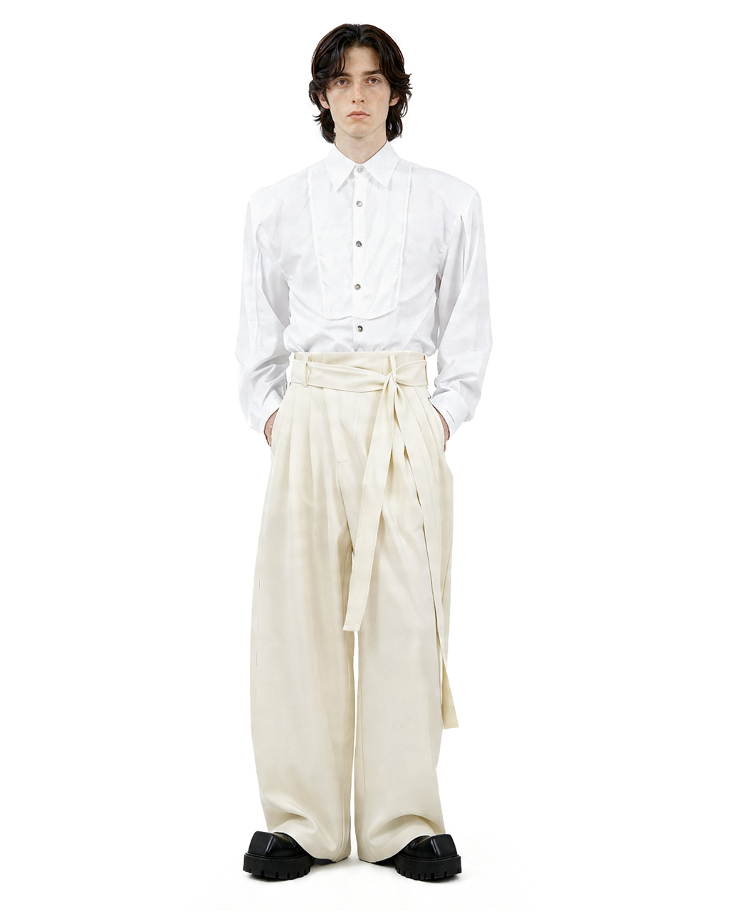 Wide Leg Belted Trousers with Pleat Detail