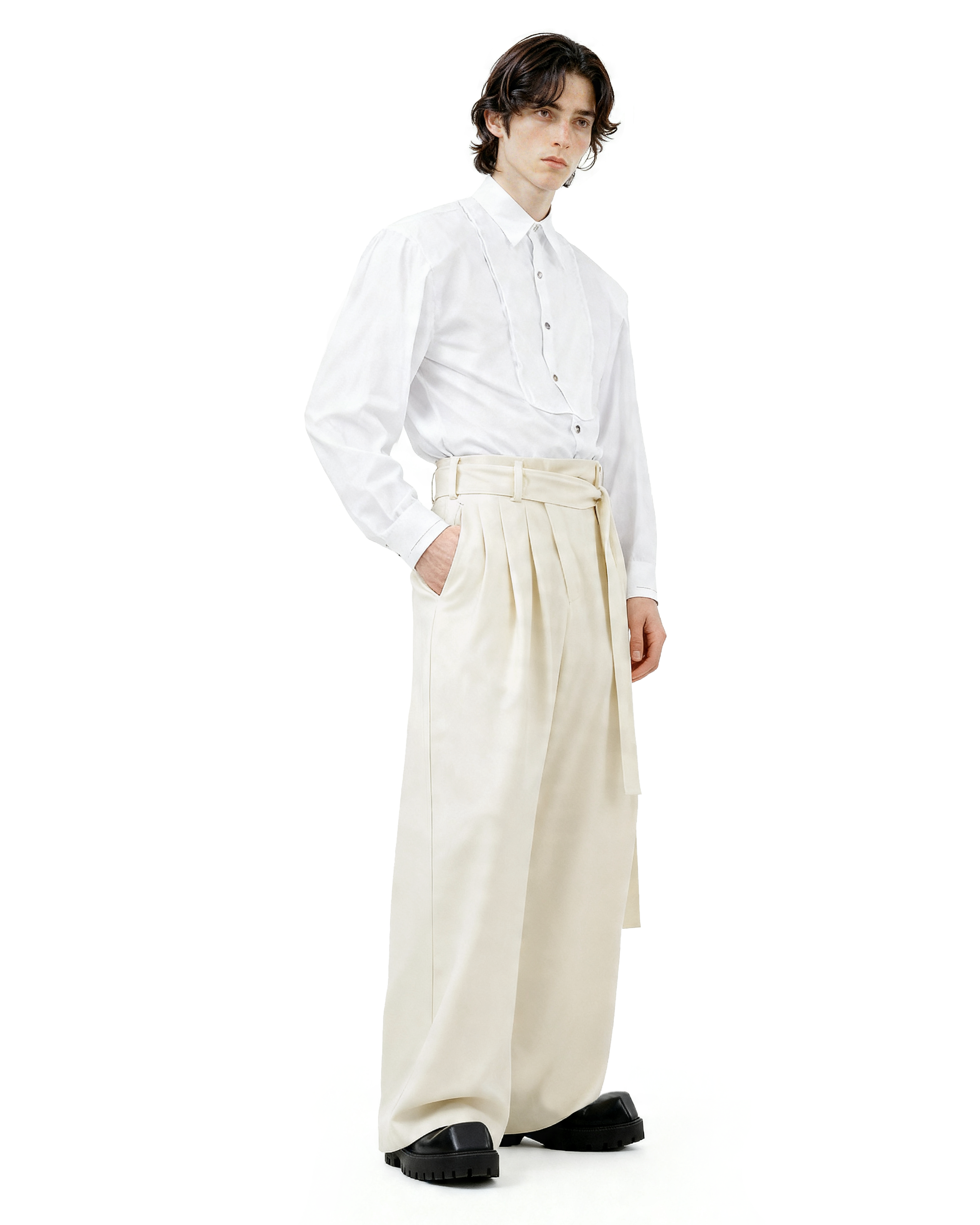 Wide Leg Belted Trousers with Pleat Detail