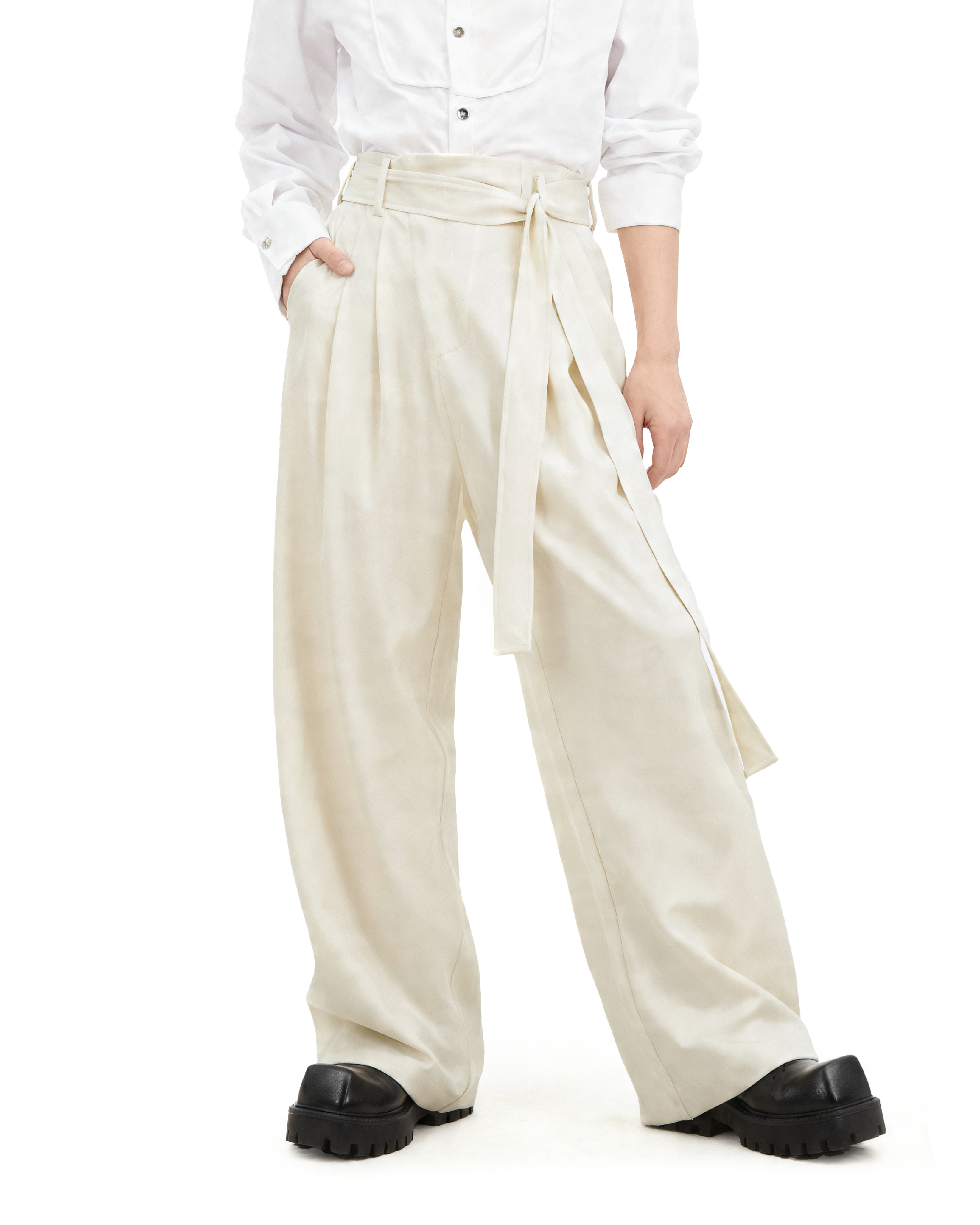 Wide Leg Belted Trousers with Pleat Detail