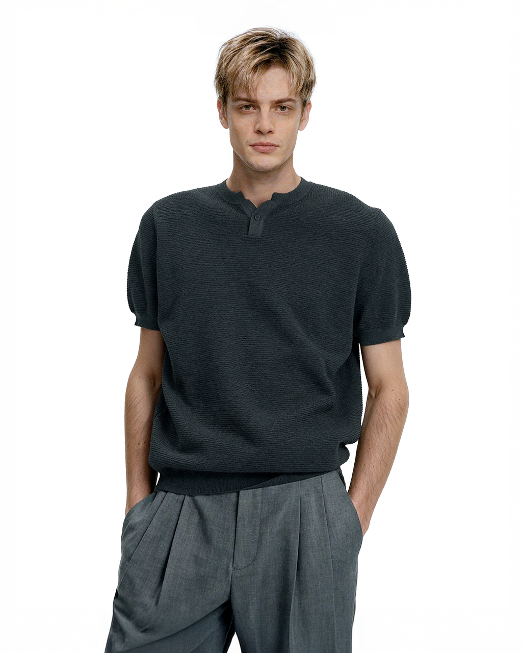 Waffle Textured Short Sleeve Henley Knit Lightweight Top