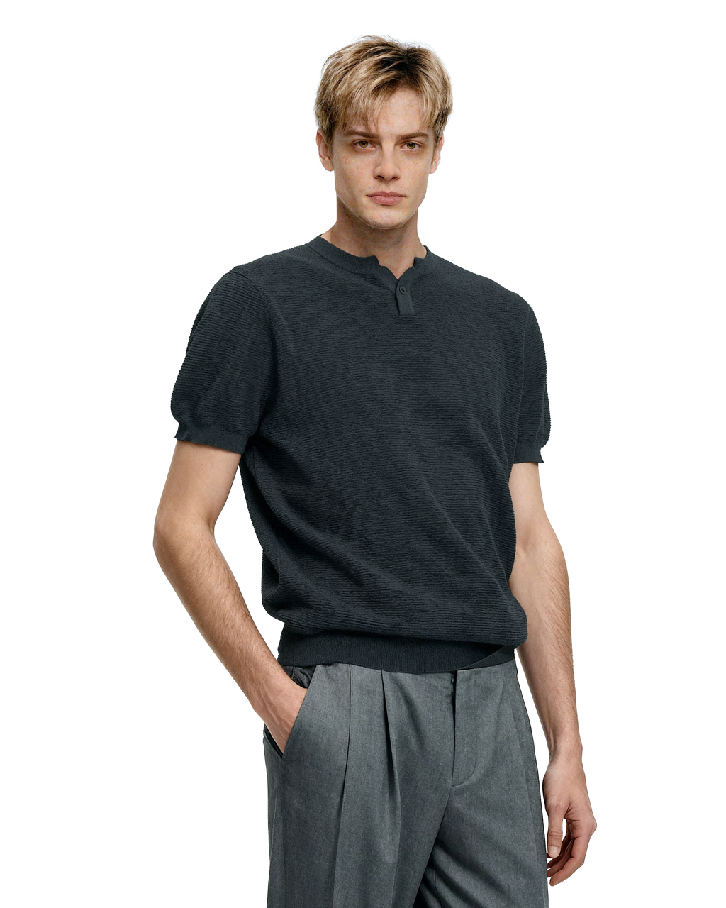 Waffle Textured Short Sleeve Henley Knit Lightweight Top